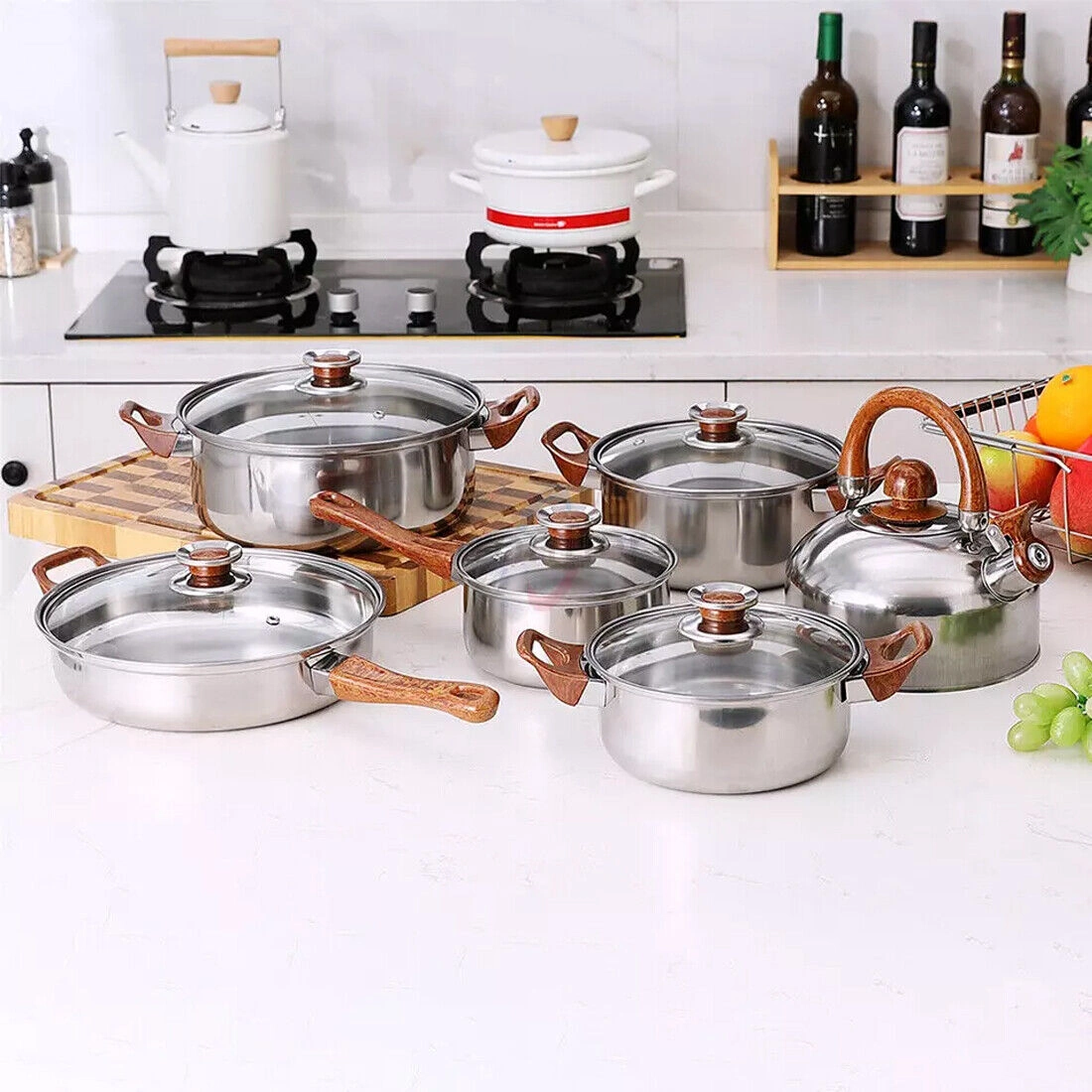 12-Piece Stainless Steel Cookware Set, Saucepan, Casserole & Frying Pan with Glass Lids view 3