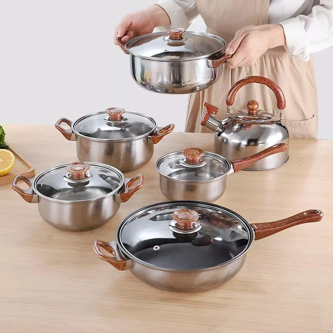 12-Piece Stainless Steel Cookware Set, Saucepan, Casserole & Frying Pan with Glass Lids view 4