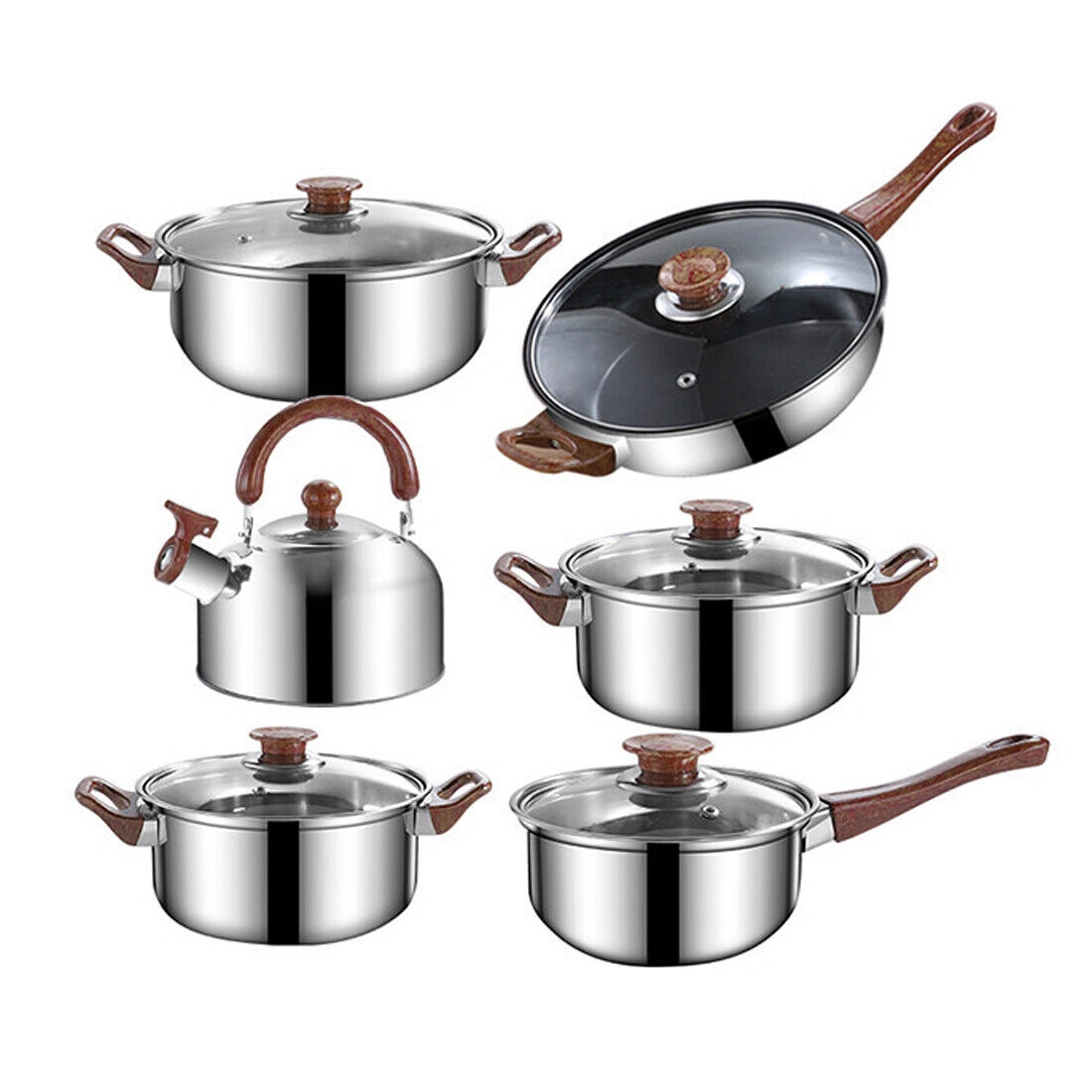 12-Piece Stainless Steel Cookware Set, Saucepan, Casserole & Frying Pan with Glass Lids view 5