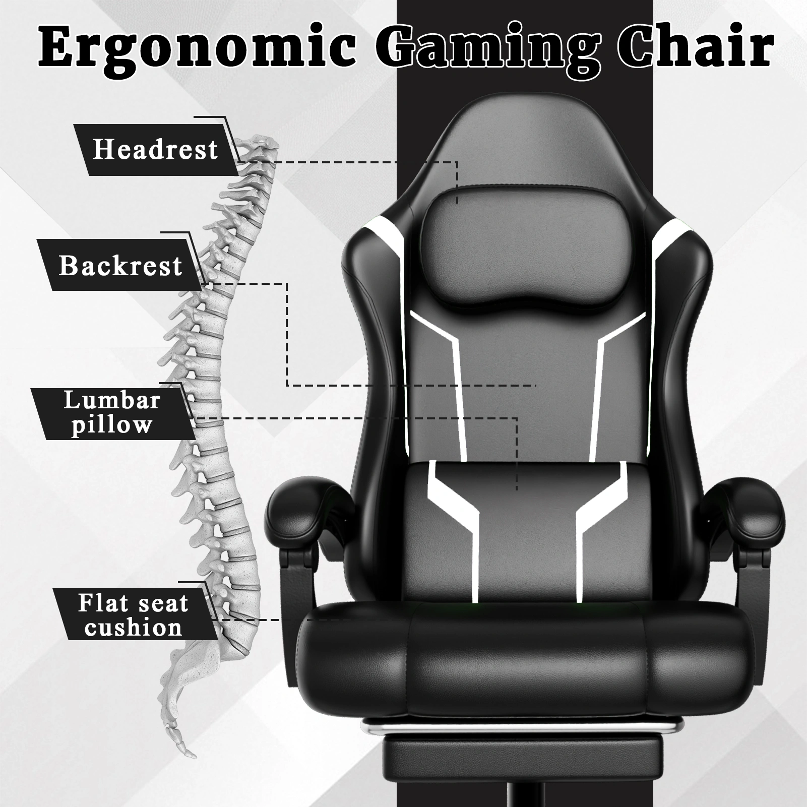 Ergonomic Gaming Chair with Pocket Spring Cushion & Footrest, Height Adjustable Swivel Computer Chair, High Back Video Game Chair with Headrest for Adults view 4