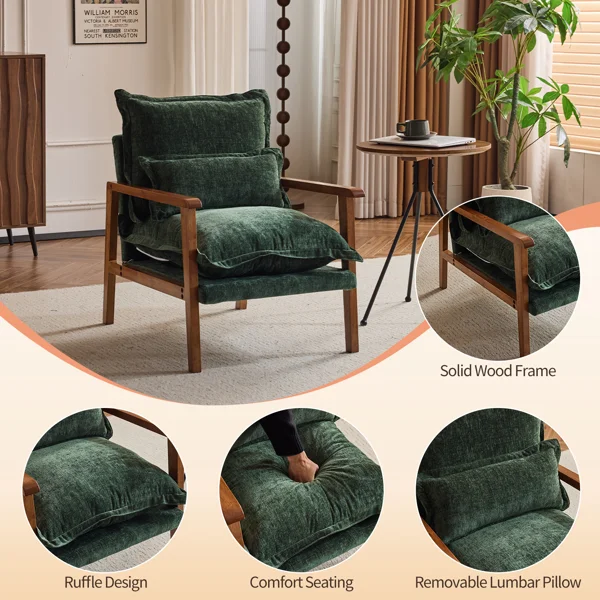 Cloud Shaped Indoor Leisure Chair with Solid Wood Armrest & Solid Wood Frame, Chenille Fabric Accent Chair with Lumbar Pillow, Single Sofa Chair Dark Green view 2