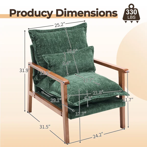 Cloud Shaped Indoor Leisure Chair with Solid Wood Armrest & Solid Wood Frame, Chenille Fabric Accent Chair with Lumbar Pillow, Single Sofa Chair Dark Green view 4