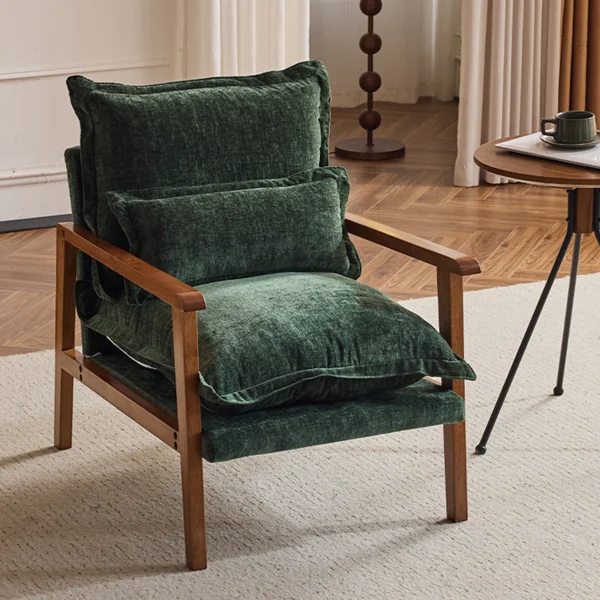 Cloud Shaped Indoor Leisure Chair with Solid Wood Armrest & Solid Wood Frame, Chenille Fabric Accent Chair with Lumbar Pillow, Single Sofa Chair Dark Green