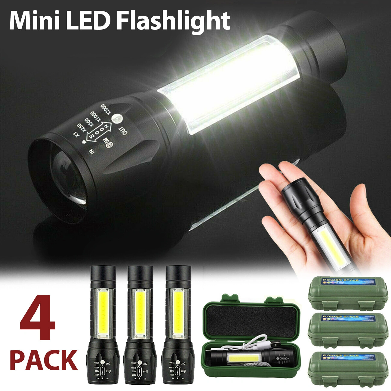 4 Pack Mini Zoomable LED Flashlight USB Rechargeable Camping Hiking Work Light view 5