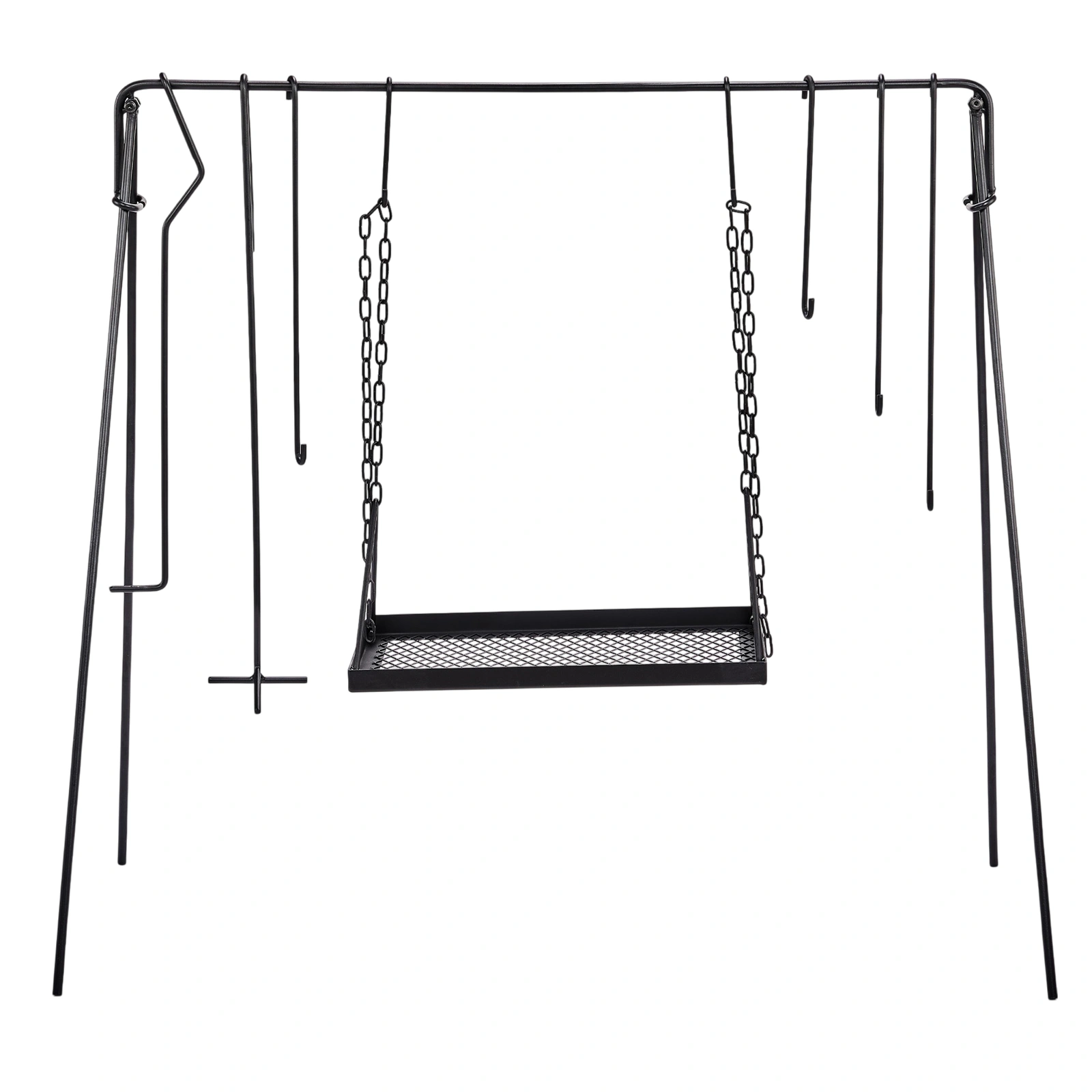 Grill Swing Campfire Grill Stand with Iron Grill Grate, Collapsible Portable Cookware Hanging Rack with Hooks & Carry Bag, Campfire Cooking Rack for Dutch Oven Bonfire, Black