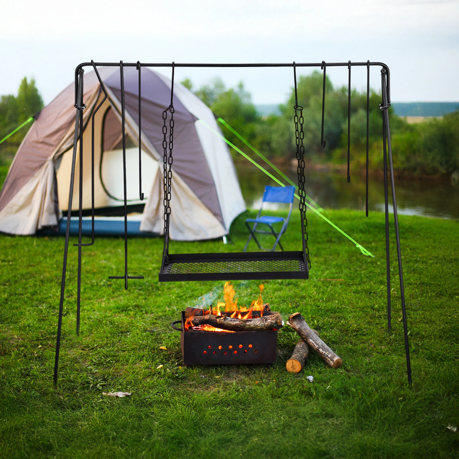 Grill Swing Campfire Grill Stand with Iron Grill Grate, Collapsible Portable Cookware Hanging Rack with Hooks & Carry Bag, Campfire Cooking Rack for Dutch Oven Bonfire, Black view 5