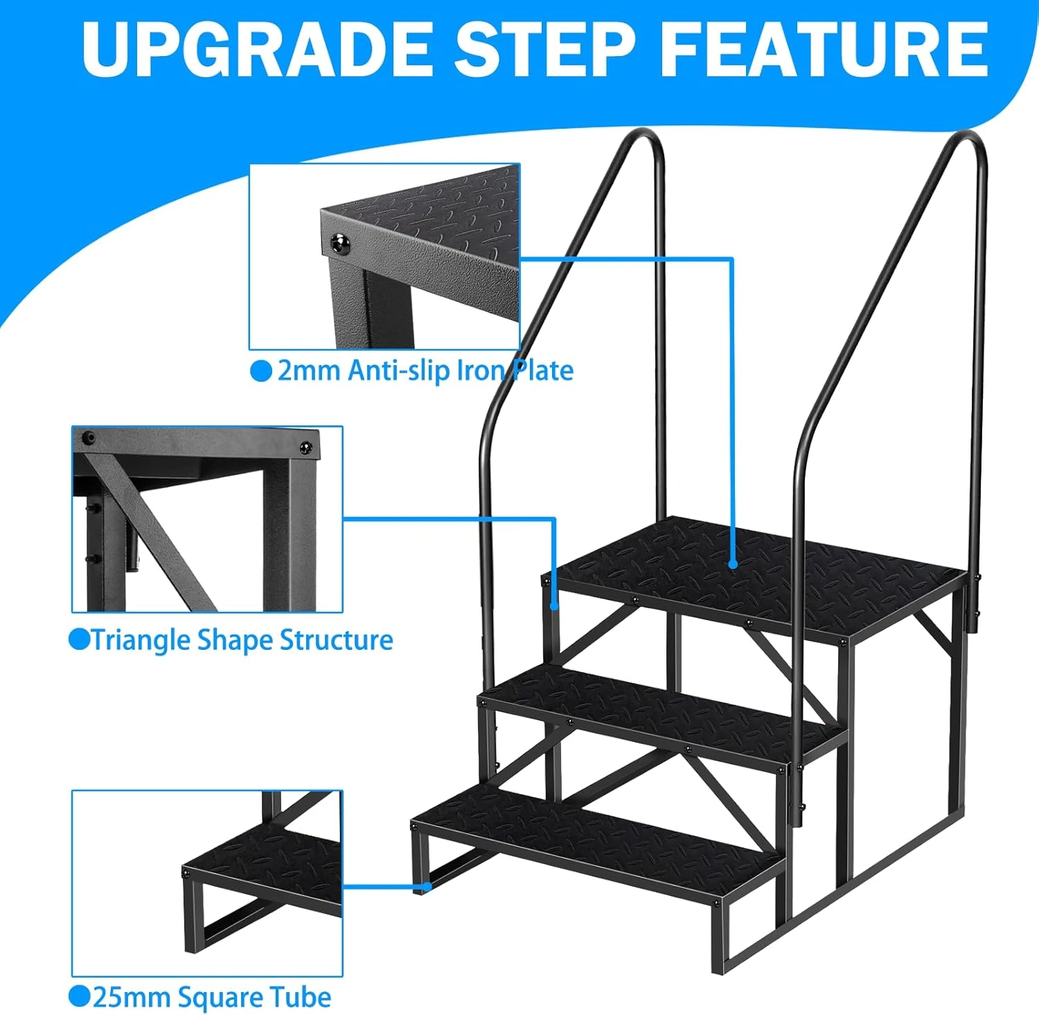 3 Step RV Ladder with Handrails, Heavy Duty Camper Steps Anti-Slip, Removable Hot Tub Spa Porch Pet Mobile Home Entry Stairs view 2