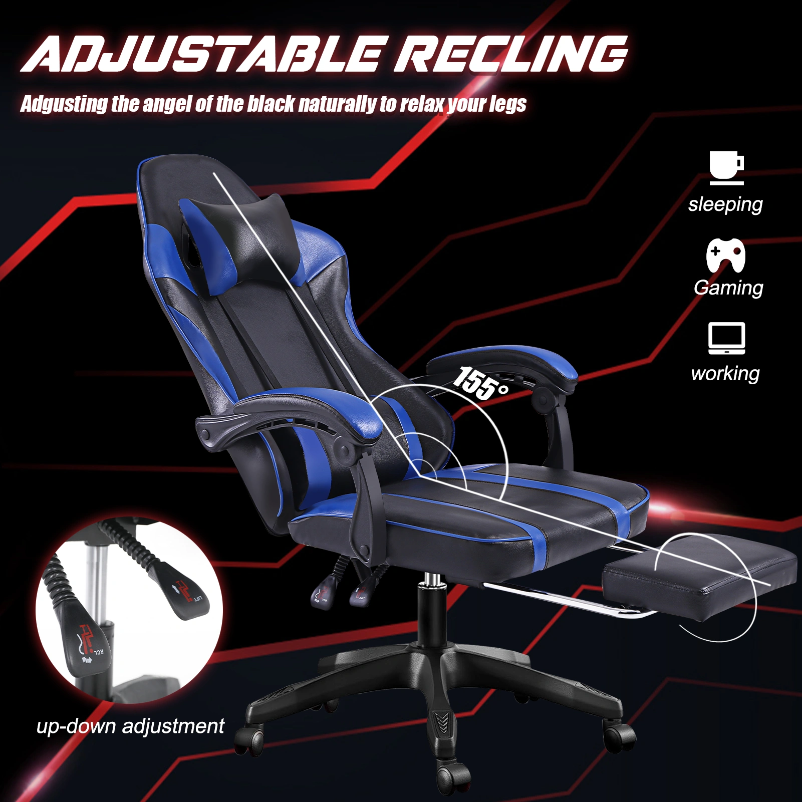 Ergonomic Gaming Chair with Footrest - High Back Recliner Computer Desk Chair for Heavy Adults, Adjustable Lumbar, 360 Swivel, PU Leather, Blue view 3
