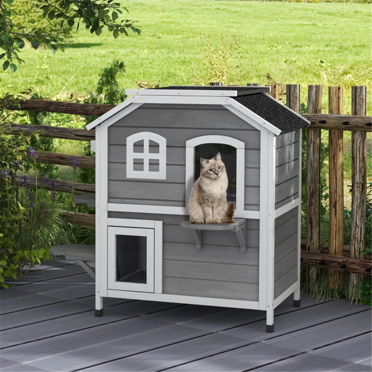White 2-Tier Wooden Outdoor Cat Shelter with Openable Asphalt Roof, 4 Rest Platforms - Kitten Condo House
