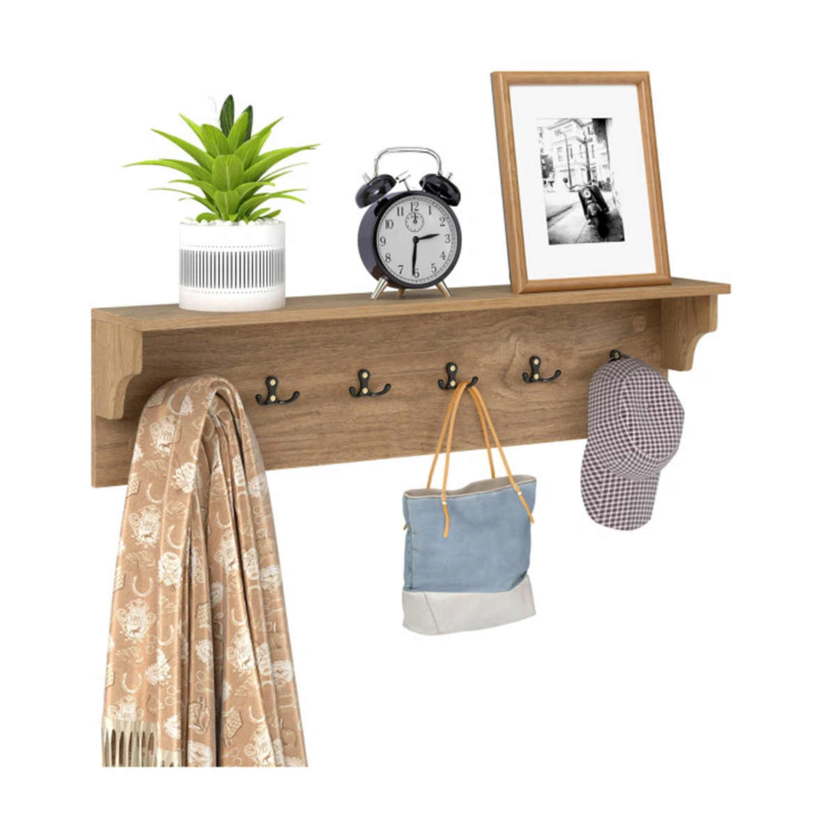 Wall Mount Coat Rack with Shelf - 31.5"x5.5"x8", 6 Hooks & 110LBS Capacity (Natural)