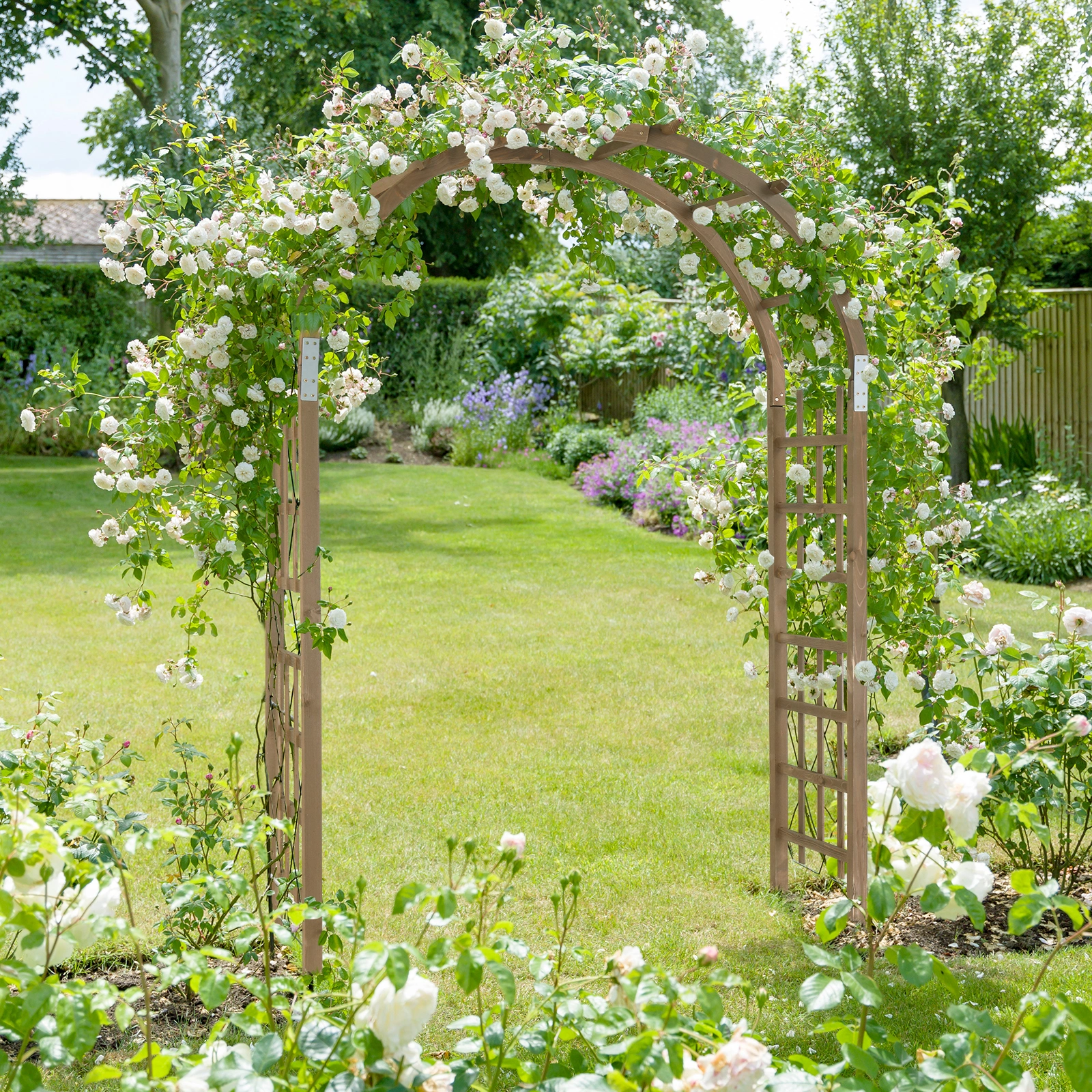 7FT Wooden Garden Arbor, Wedding Arch Backdrop Stand for Ceremony Party, Garden Pergola with Trellis for Climbing Plants, Dark Brown view 12