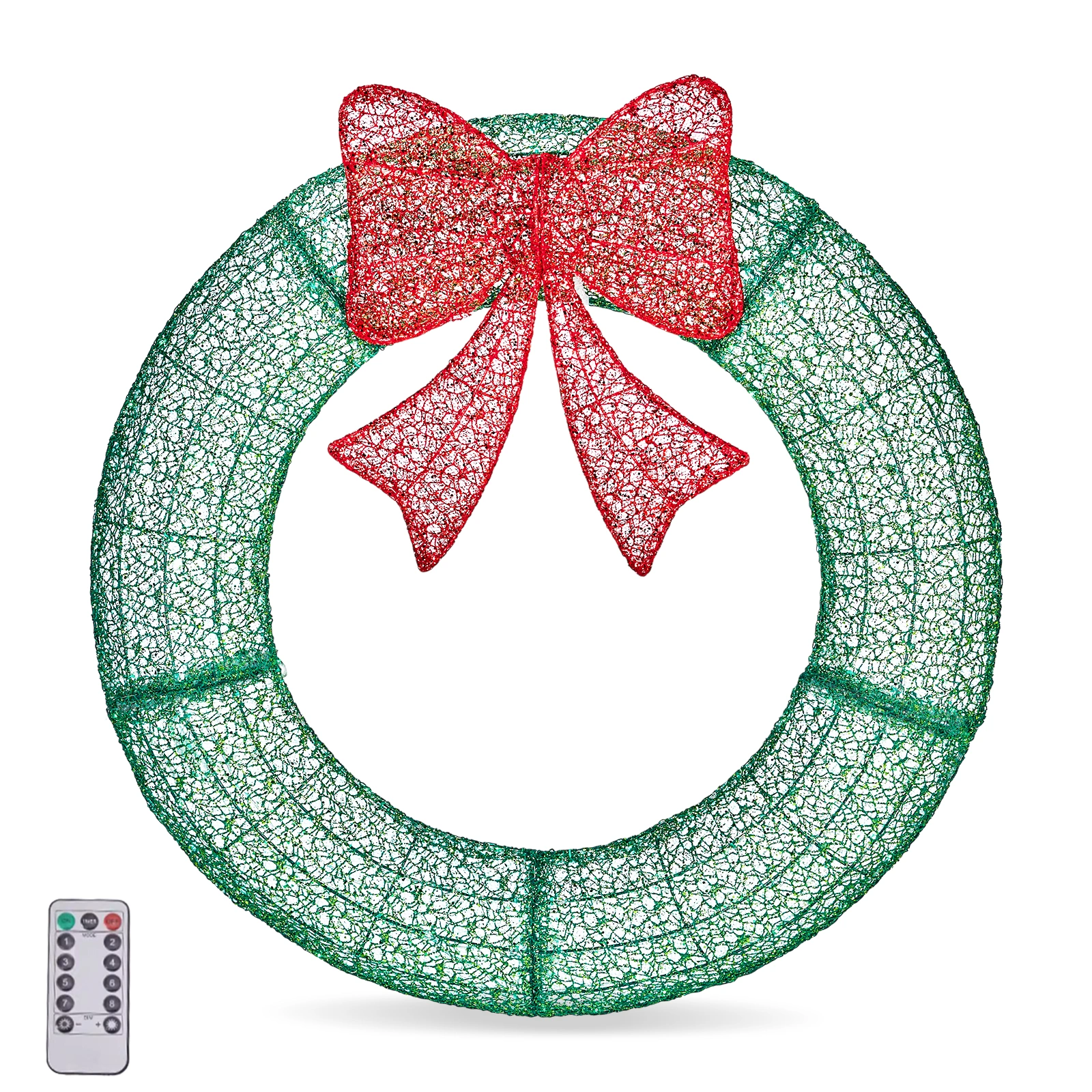 36in Pre Lit Metal Christmas Wreath with Red Bow, Remote Control LED Lights Timer, Outdoor Indoor Holiday Door Gate Wall Decoration