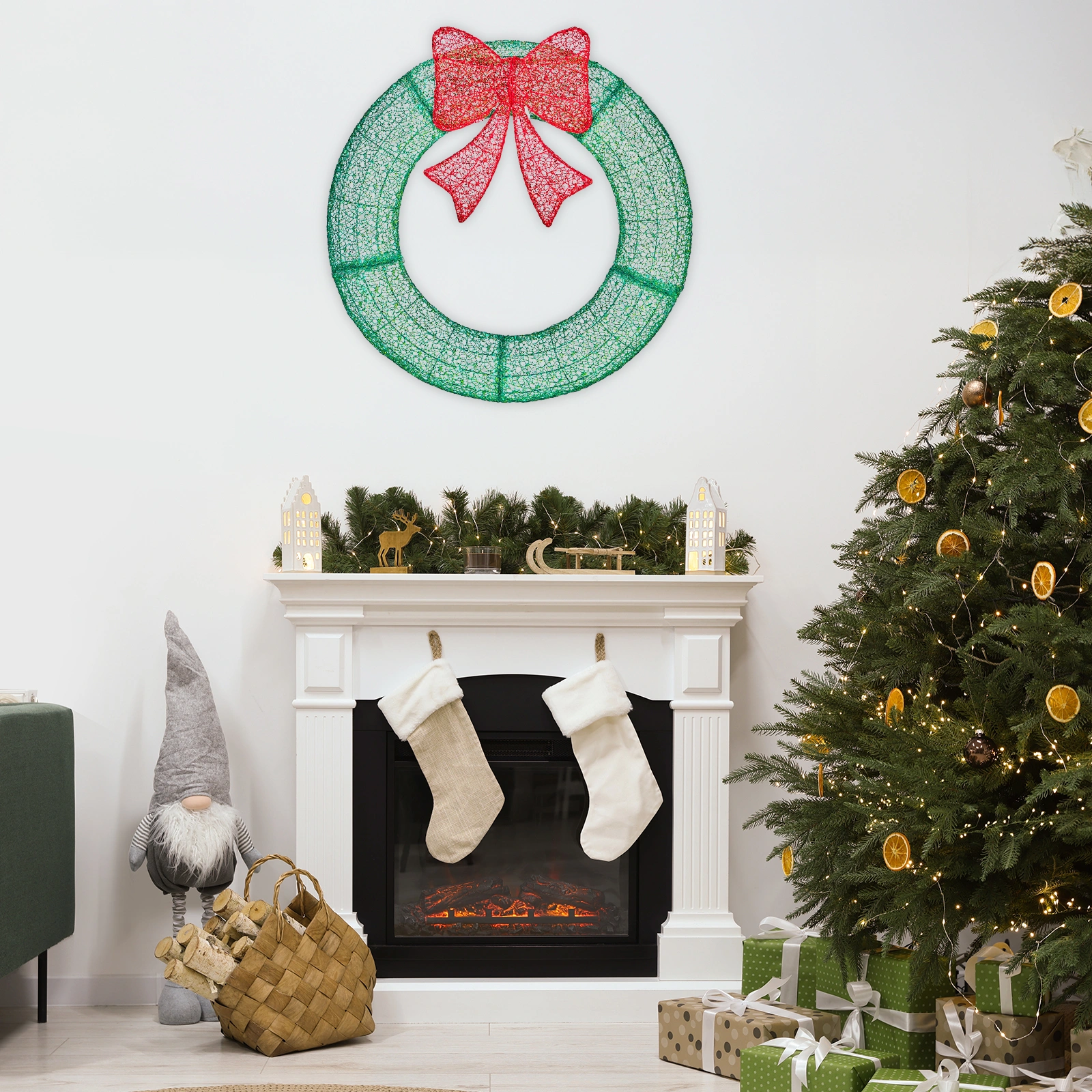 36in Pre Lit Metal Christmas Wreath with Red Bow, Remote Control LED Lights Timer, Outdoor Indoor Holiday Door Gate Wall Decoration view 10