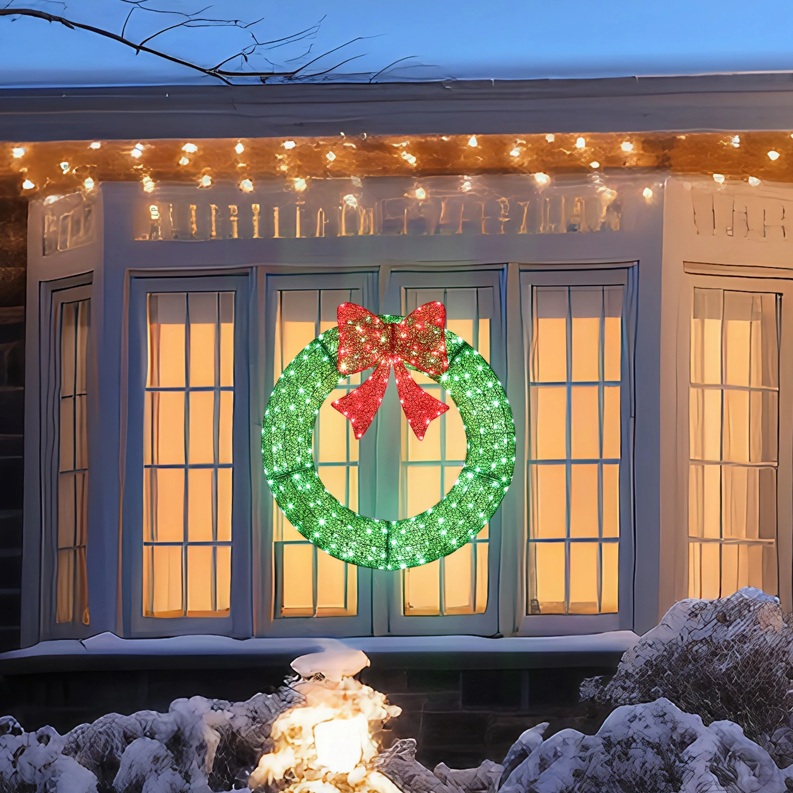 36in Pre Lit Metal Christmas Wreath with Red Bow, Remote Control LED Lights Timer, Outdoor Indoor Holiday Door Gate Wall Decoration view 4