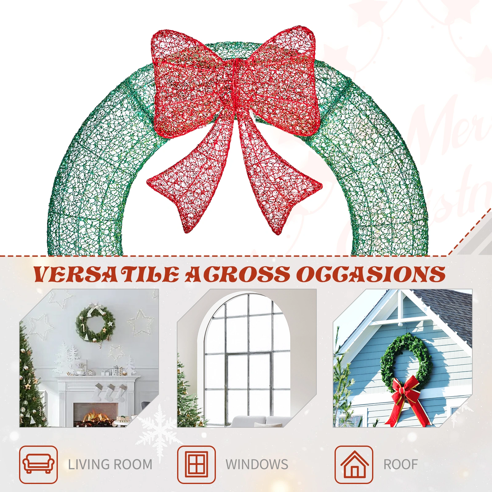 36in Pre Lit Metal Christmas Wreath with Red Bow, Remote Control LED Lights Timer, Outdoor Indoor Holiday Door Gate Wall Decoration view 6