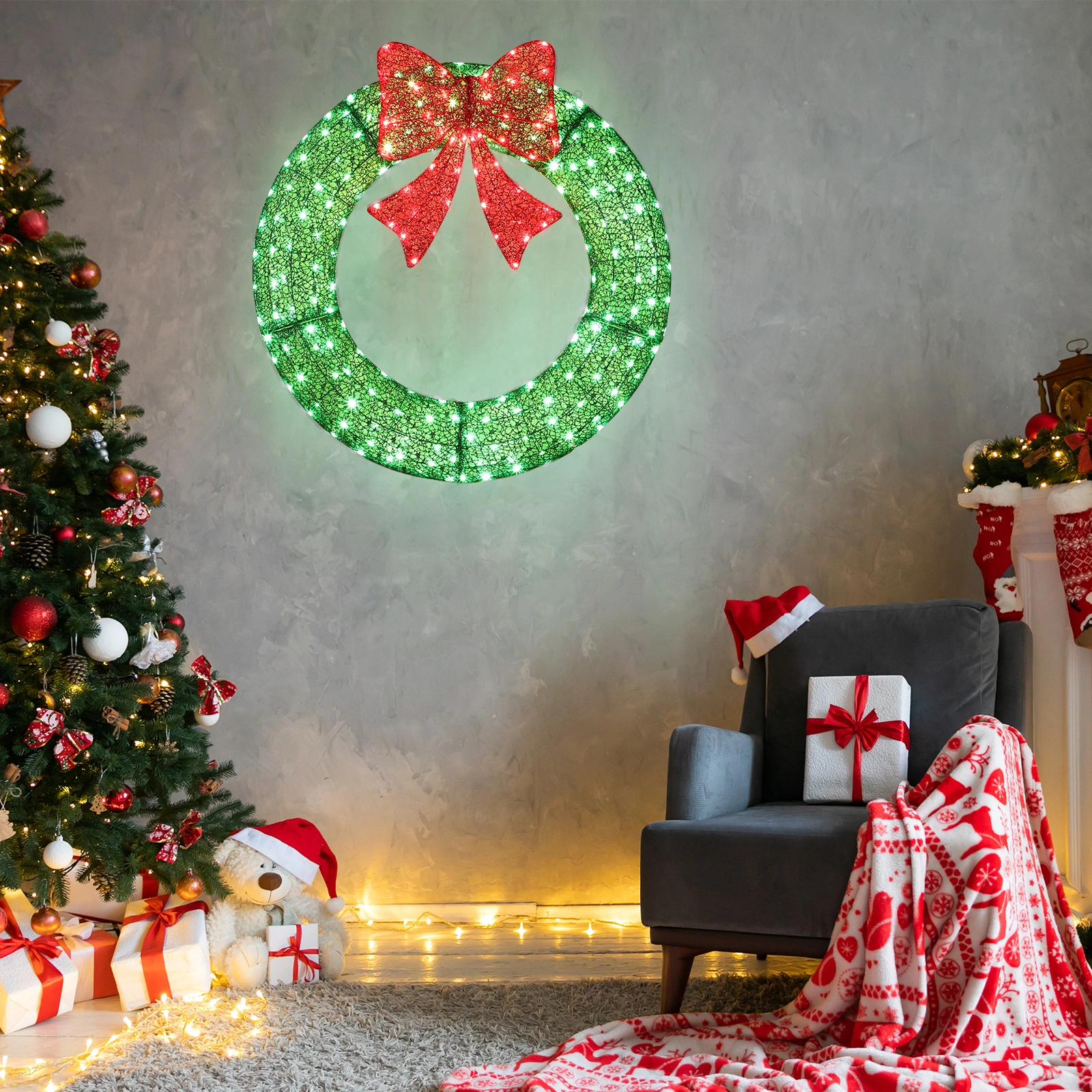 36in Pre Lit Metal Christmas Wreath with Red Bow, Remote Control LED Lights Timer, Outdoor Indoor Holiday Door Gate Wall Decoration view 7
