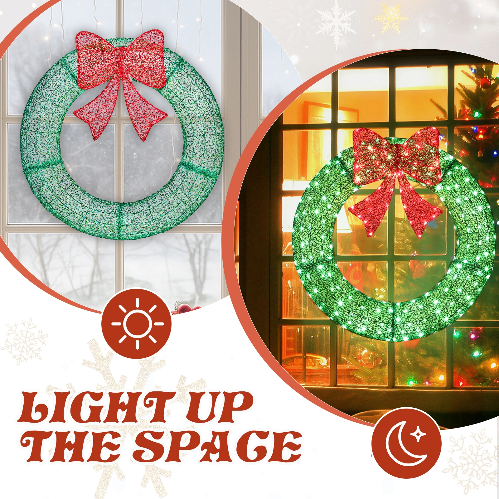 36in Pre Lit Metal Christmas Wreath with Red Bow, Remote Control LED Lights Timer, Outdoor Indoor Holiday Door Gate Wall Decoration view 9