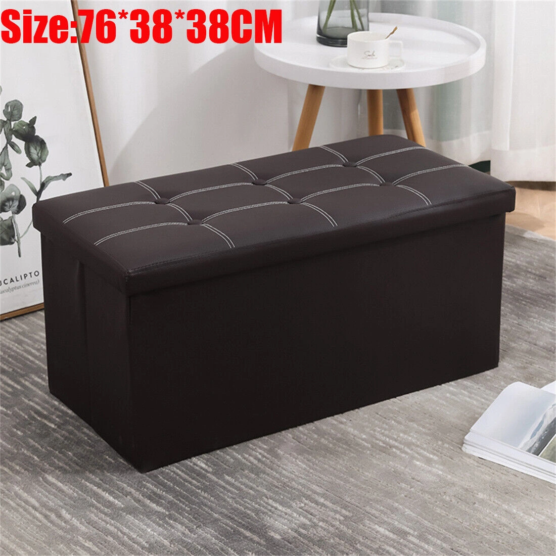Large Folding Storage Ottoman Pouffe Bench Seat, PU Leather Hideaway Blanket Toy Chest Box, Multi-Function Seater
