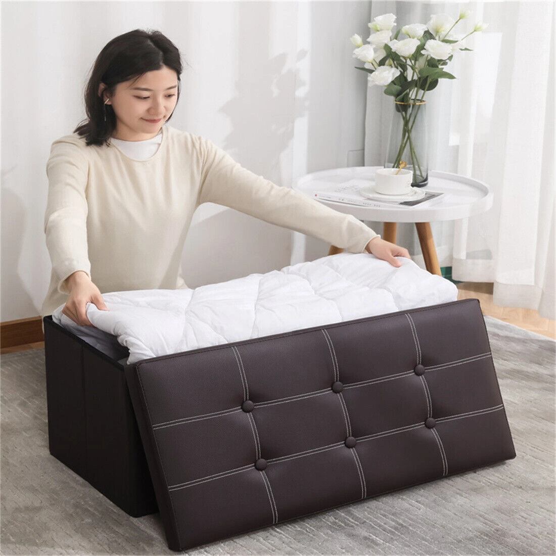 Large Folding Storage Ottoman Pouffe Bench Seat, PU Leather Hideaway Blanket Toy Chest Box, Multi-Function Seater view 2