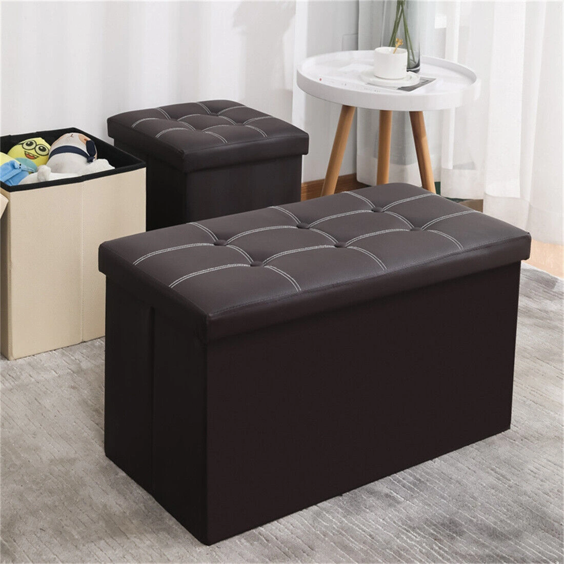 Large Folding Storage Ottoman Pouffe Bench Seat, PU Leather Hideaway Blanket Toy Chest Box, Multi-Function Seater view 3