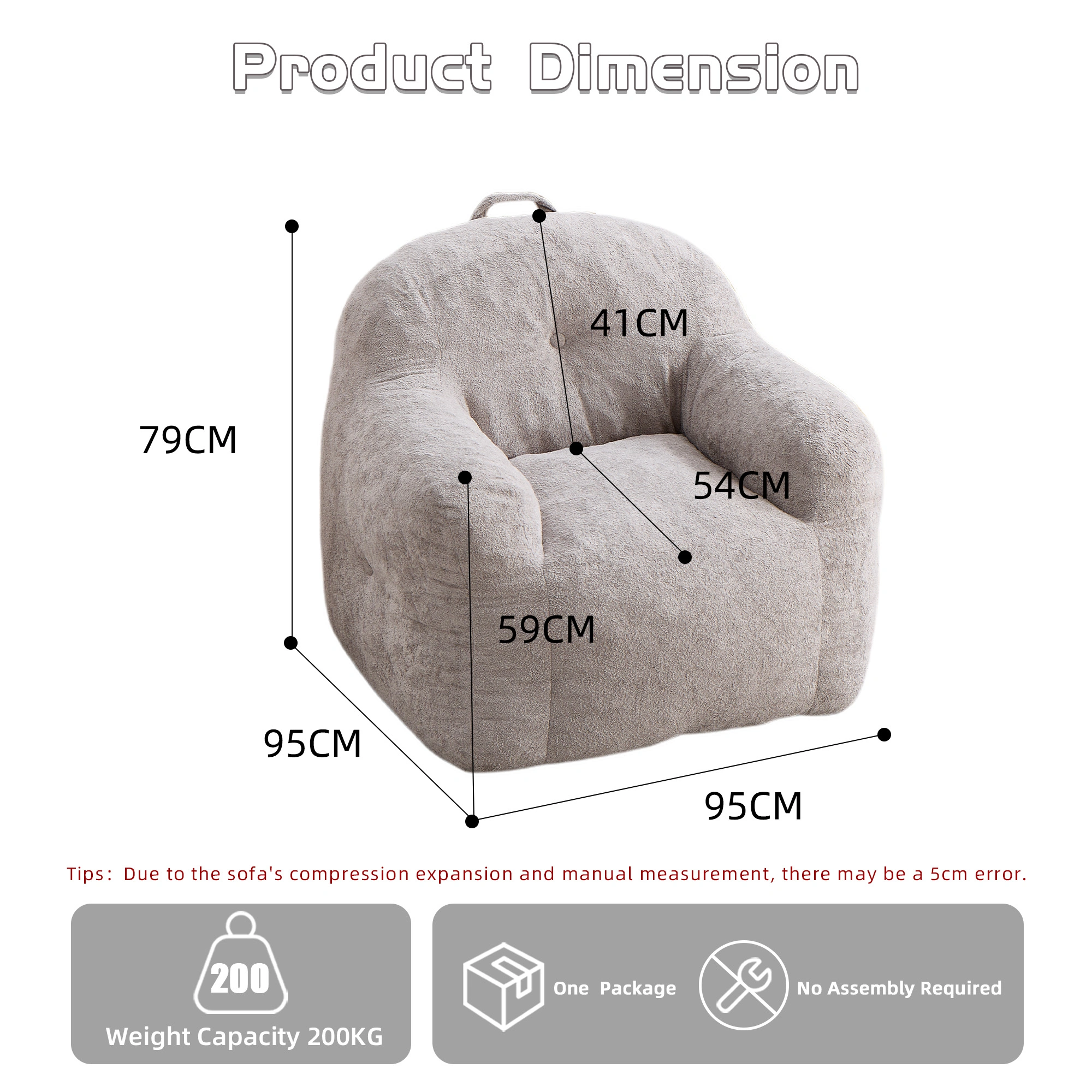 Bean Bag Chair with Armrests, Faux Fur Beanbag Sofa with Shredded Sponge Filler, No Assembly, Light Grey view 3