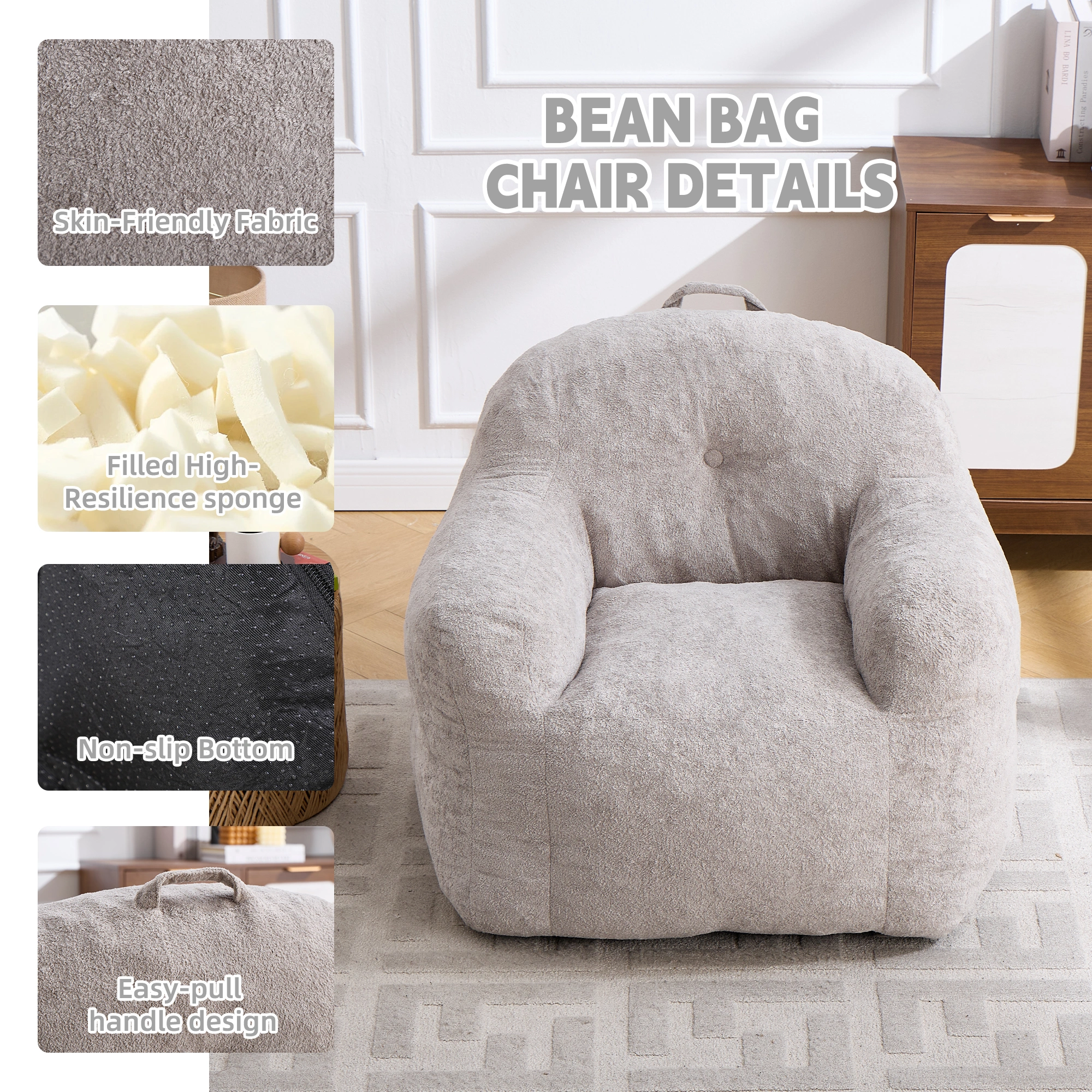 Bean Bag Chair with Armrests, Faux Fur Beanbag Sofa with Shredded Sponge Filler, No Assembly, Light Grey view 4
