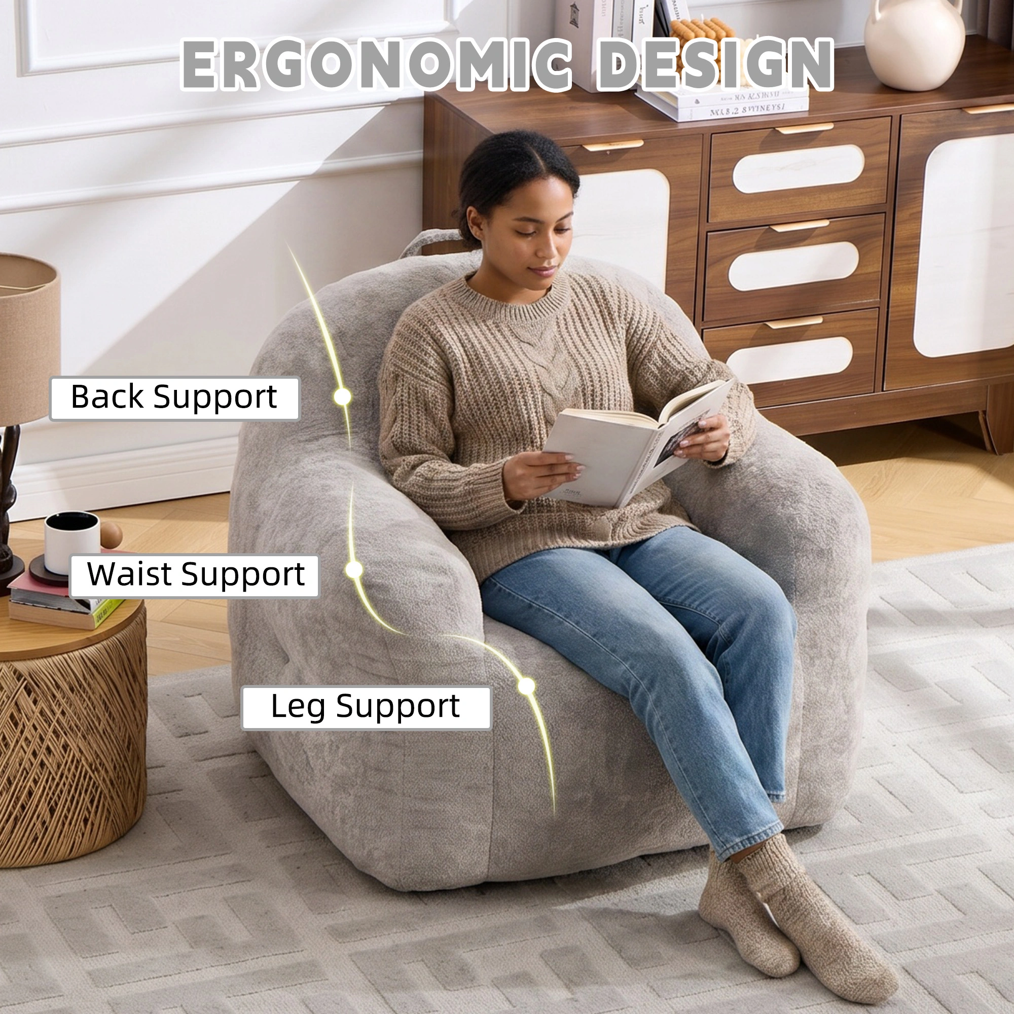 Bean Bag Chair with Armrests, Faux Fur Beanbag Sofa with Shredded Sponge Filler, No Assembly, Light Grey view 5
