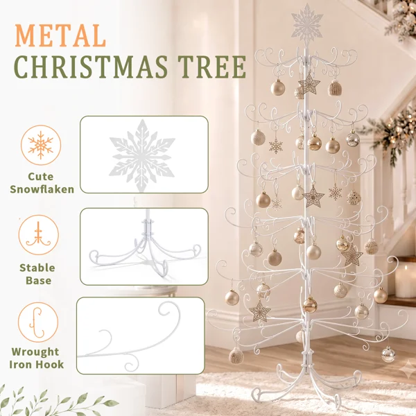 6ft White PVC Metal Artificial Christmas Tree with Snowflake Topper, No Extra Ornaments, Daily Decor Tree view 4