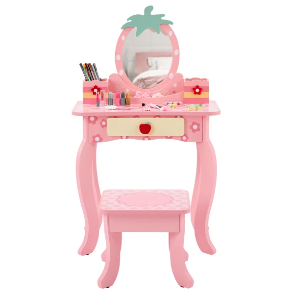Pink MDF spray-painted + apple-printed 1-drawer 2-desktop storage box children's dressing table set view 4
