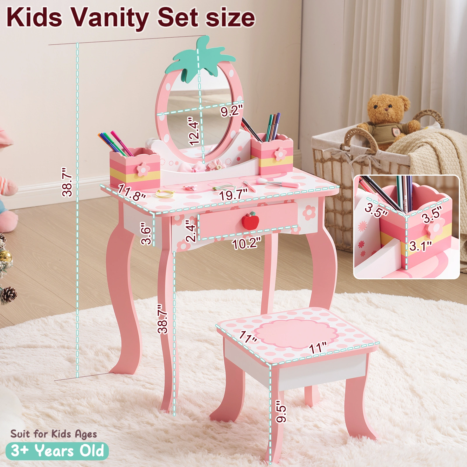 Pink MDF spray-painted + apple-printed 1-drawer 2-desktop storage box children's dressing table set view 10