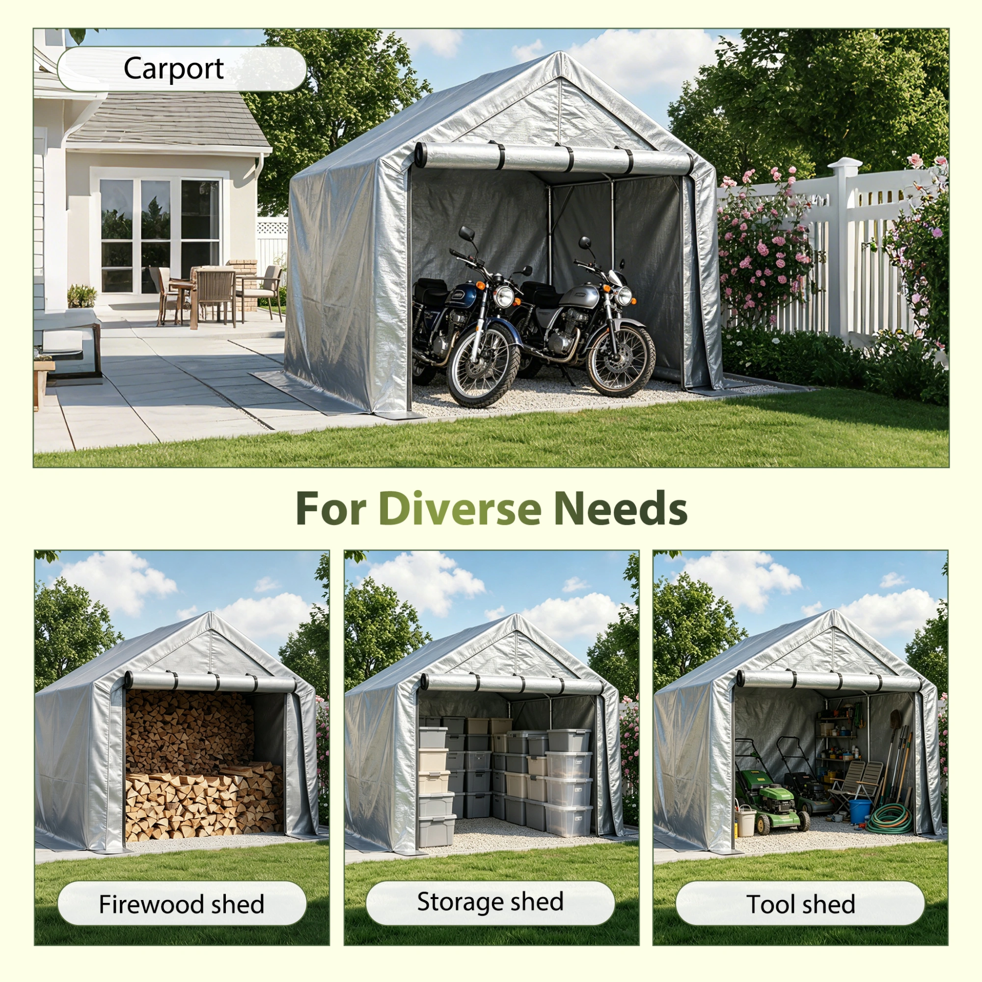 96"x95"x85' Carport for Cars - Heavy Duty Steel Outdoor Garage with Triangular Frame, Waterproof PE Tarp, UV Resistant Cover - Vehicle Shelter, Firewood & Tool Storage Shed view 4