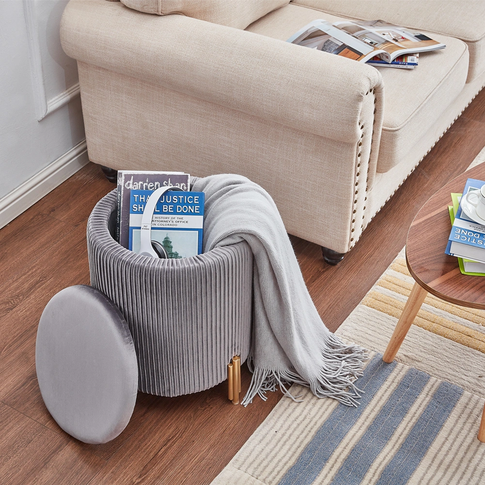 Large Round Velvet Storage Ottoman with Gold Legs, Upholstered Footstool Pouffe for Bedroom Living Room, Grey view 3