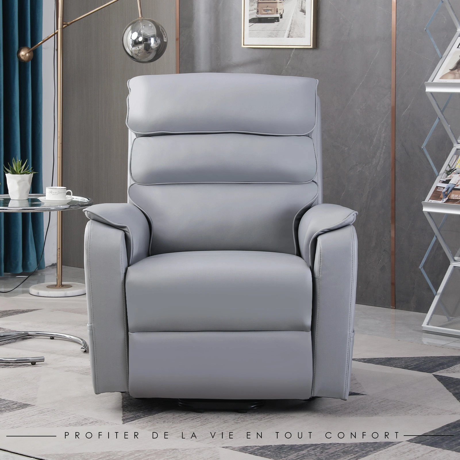 Electric Recliner Chair, Modern Leather Lounge Chair, Electric Adjustable Recliner with 150 Degree Tilt Recline, Grey view 3