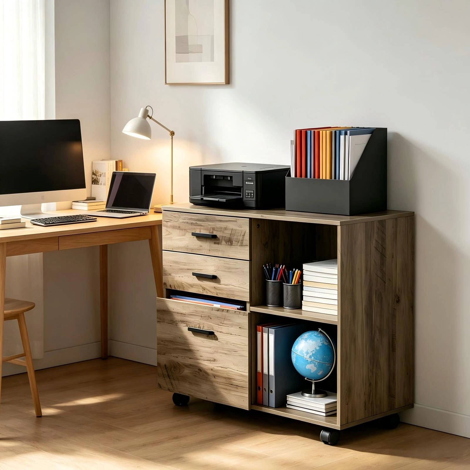 3-Drawer Wooden Filing Cabinet with Wheels, P2 Particleboard Storage Cupboard, Melamine Lined, 31.5x14.2x25.2in, Grey