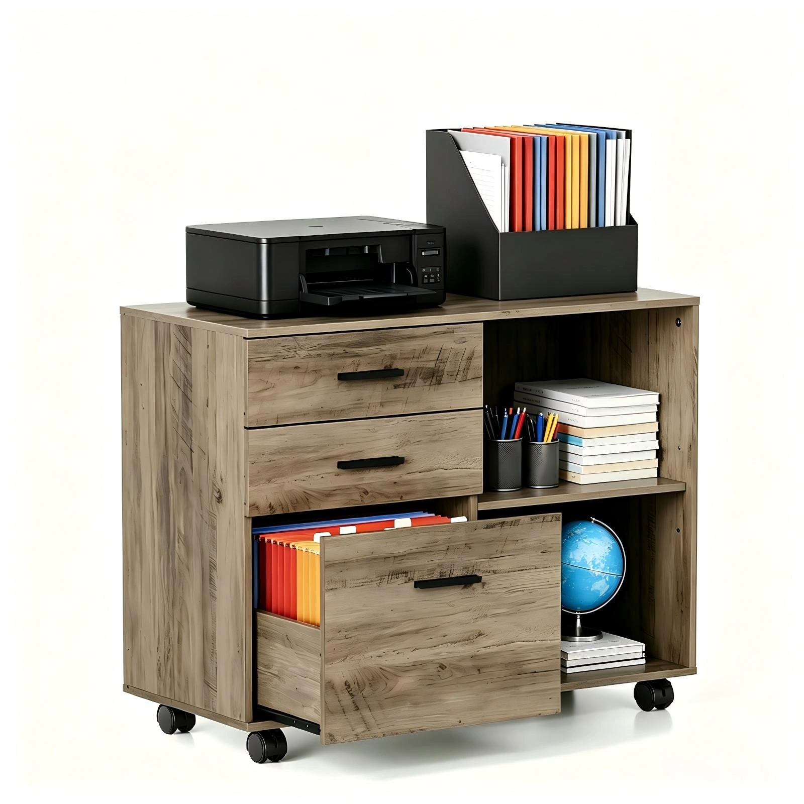 3-Drawer Wooden Filing Cabinet with Wheels, P2 Particleboard Storage Cupboard, Melamine Lined, 31.5x14.2x25.2in, Grey view 3