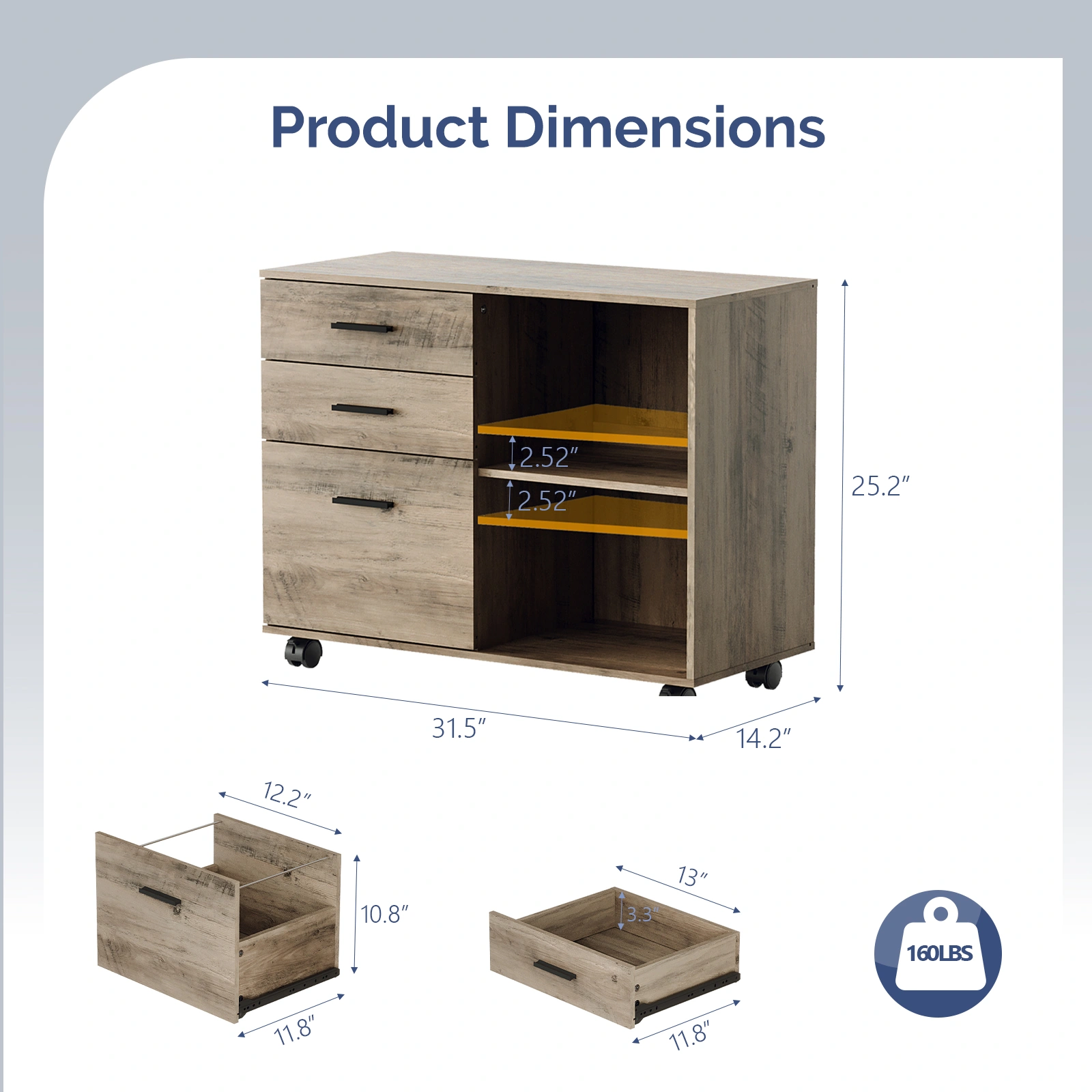 3-Drawer Wooden Filing Cabinet with Wheels, P2 Particleboard Storage Cupboard, Melamine Lined, 31.5x14.2x25.2in, Grey view 4
