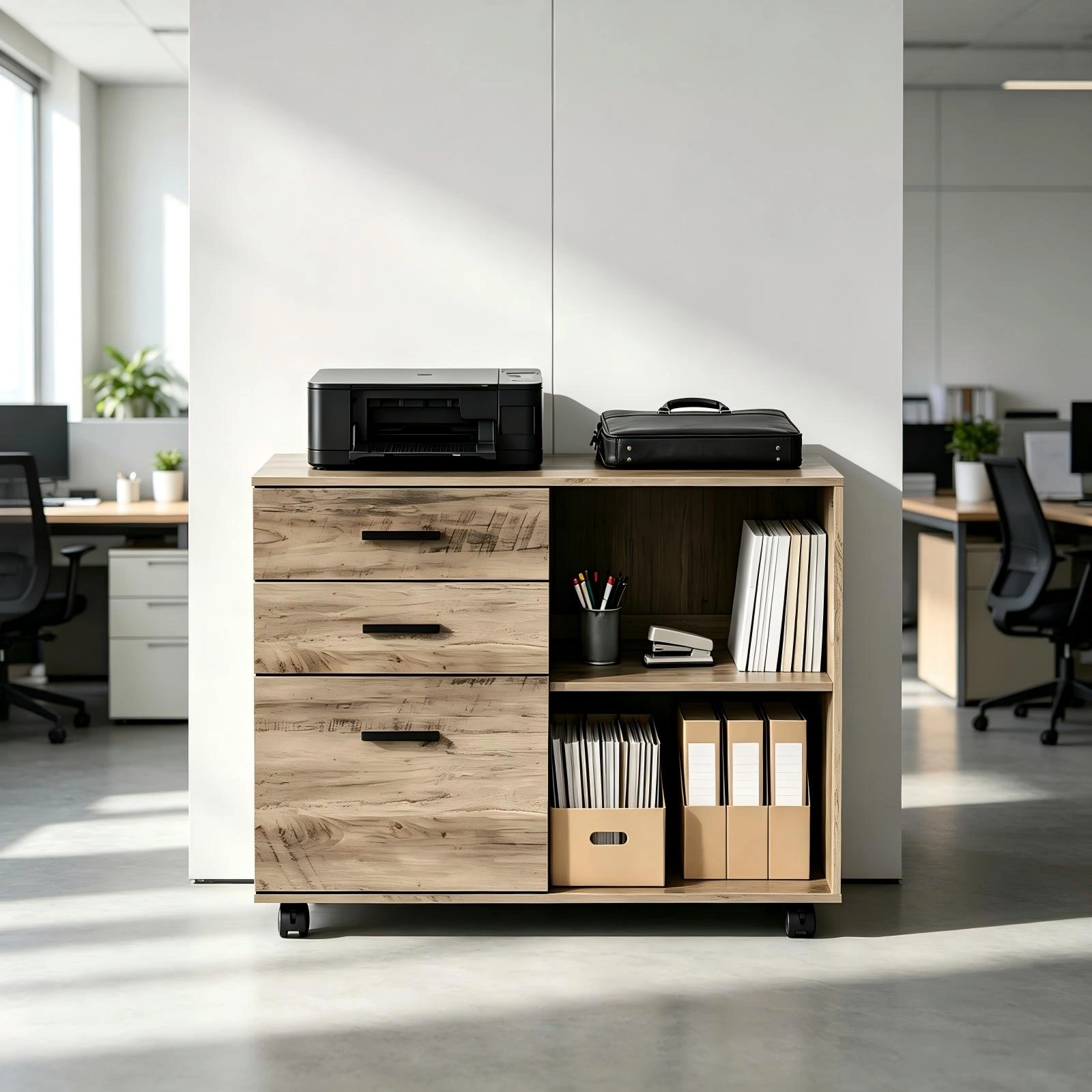 3-Drawer Wooden Filing Cabinet with Wheels, P2 Particleboard Storage Cupboard, Melamine Lined, 31.5x14.2x25.2in, Grey view 8