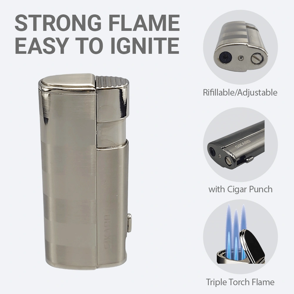 SIKARO HURRICANE Triple Torch Lighter Silver w/Cigar Punch, Refillable Adjustable Flame, Windproof for Cigar, Kitchen, Outdoor view 3