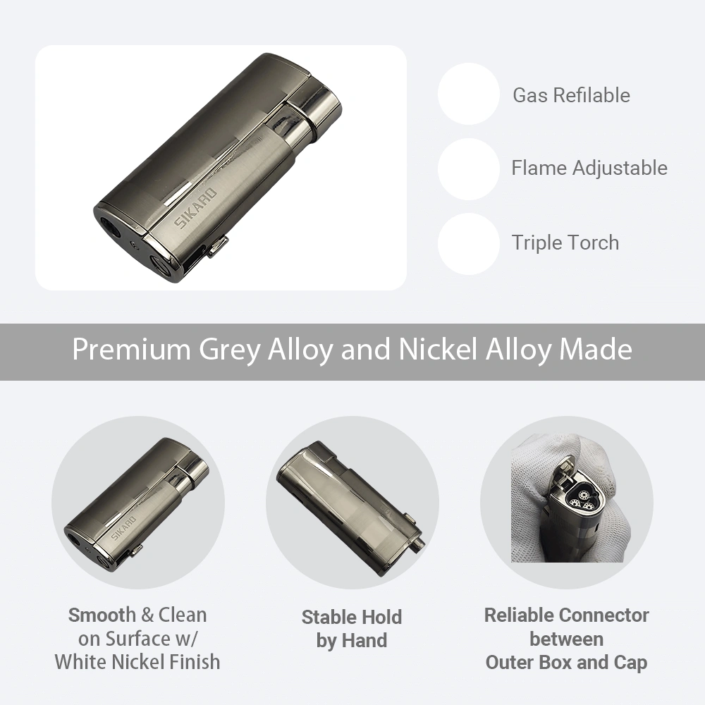 SIKARO HURRICANE Triple Torch Lighter Silver w/Cigar Punch, Refillable Adjustable Flame, Windproof for Cigar, Kitchen, Outdoor view 4