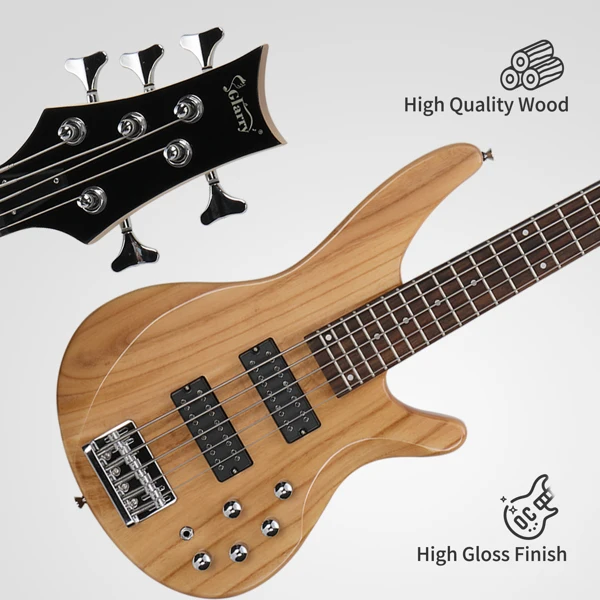 44 Inch GIB 5 String H-H Pickup Laurel Wood Fingerboard Electric Bass Guitar with Bag and other Accessories Burlywood view 3