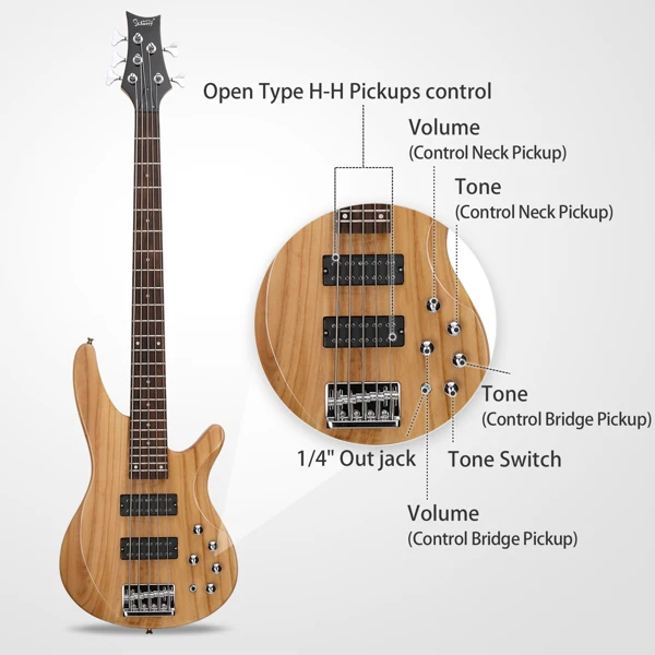 44 Inch GIB 5 String H-H Pickup Laurel Wood Fingerboard Electric Bass Guitar with Bag and other Accessories Burlywood view 4