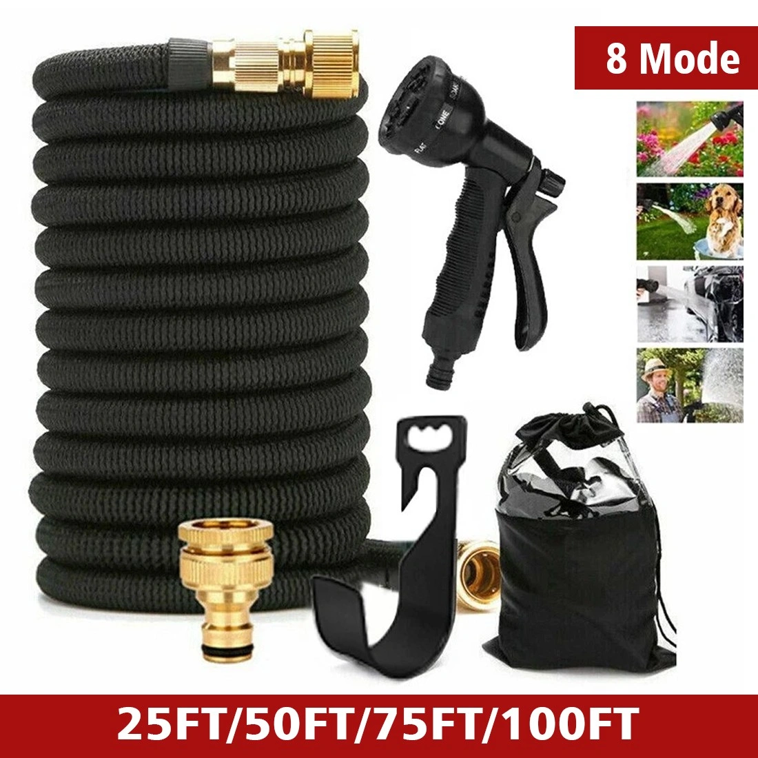 25FT Expandable Garden Hose Heavy Duty - Flexible Water Hose Pipe with Spray Gun for UK Gardens