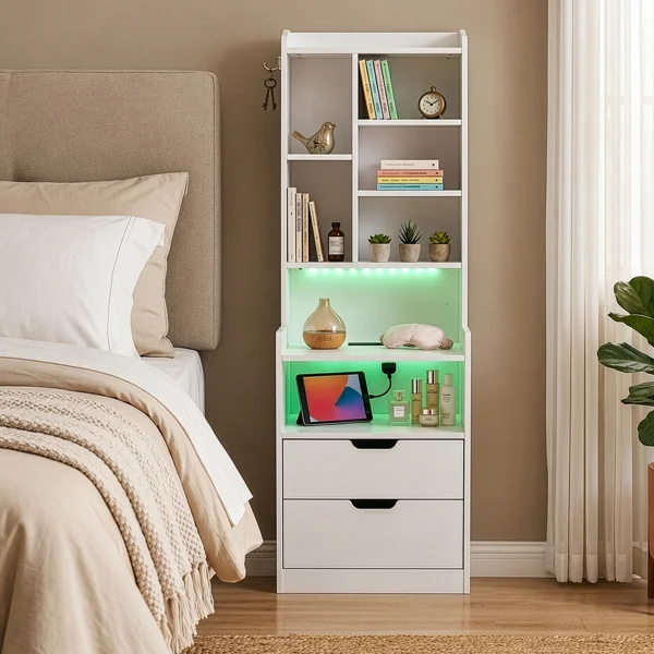 2 Drawers + 1 Shelf + 6-Shelf BedsideTable US Standard Power Supply (1 USB + 1 Type-C + 2 Triple-Prong) Storage Locker P2-12MM Particleboard Laminated Storage Cabinet 17.32*13.78*50in White