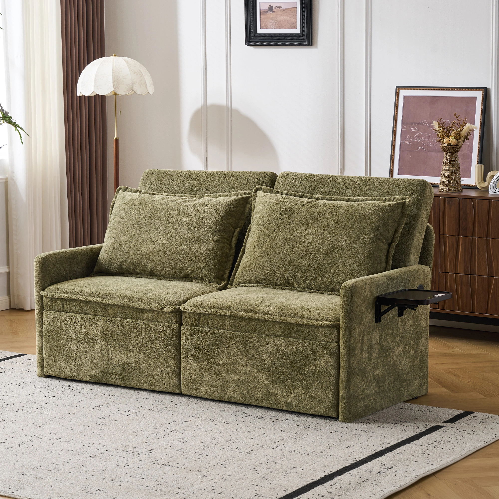 Sofa with Sleep Function Sleep Sofa with Cushions and USB, 3-in-1 Sofa&Couch with 5-Stage Adjustable Backrest, Foldable Sofa Bed with Storage, Chenille, Green