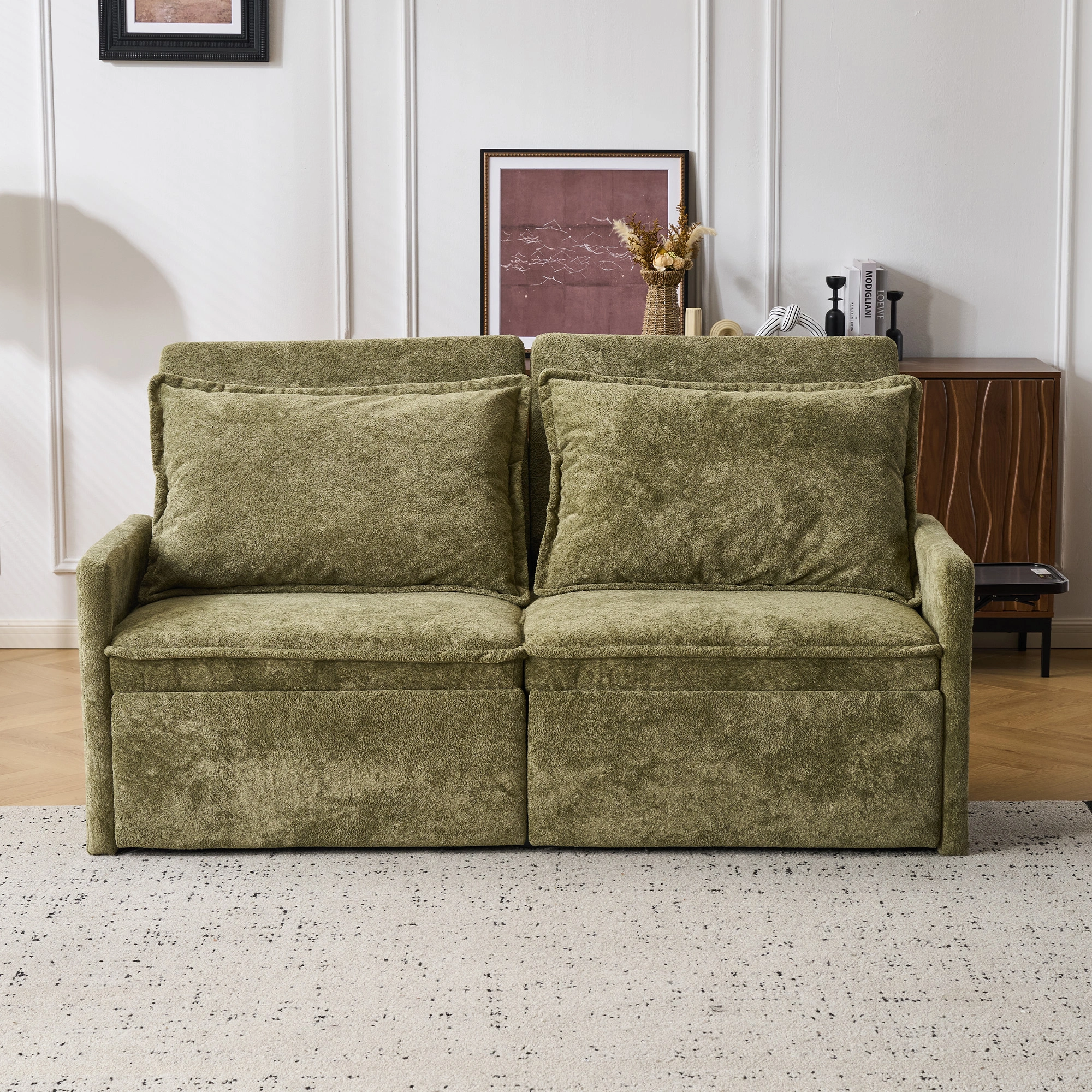 Sofa with Sleep Function Sleep Sofa with Cushions and USB, 3-in-1 Sofa&Couch with 5-Stage Adjustable Backrest, Foldable Sofa Bed with Storage, Chenille, Green view 2