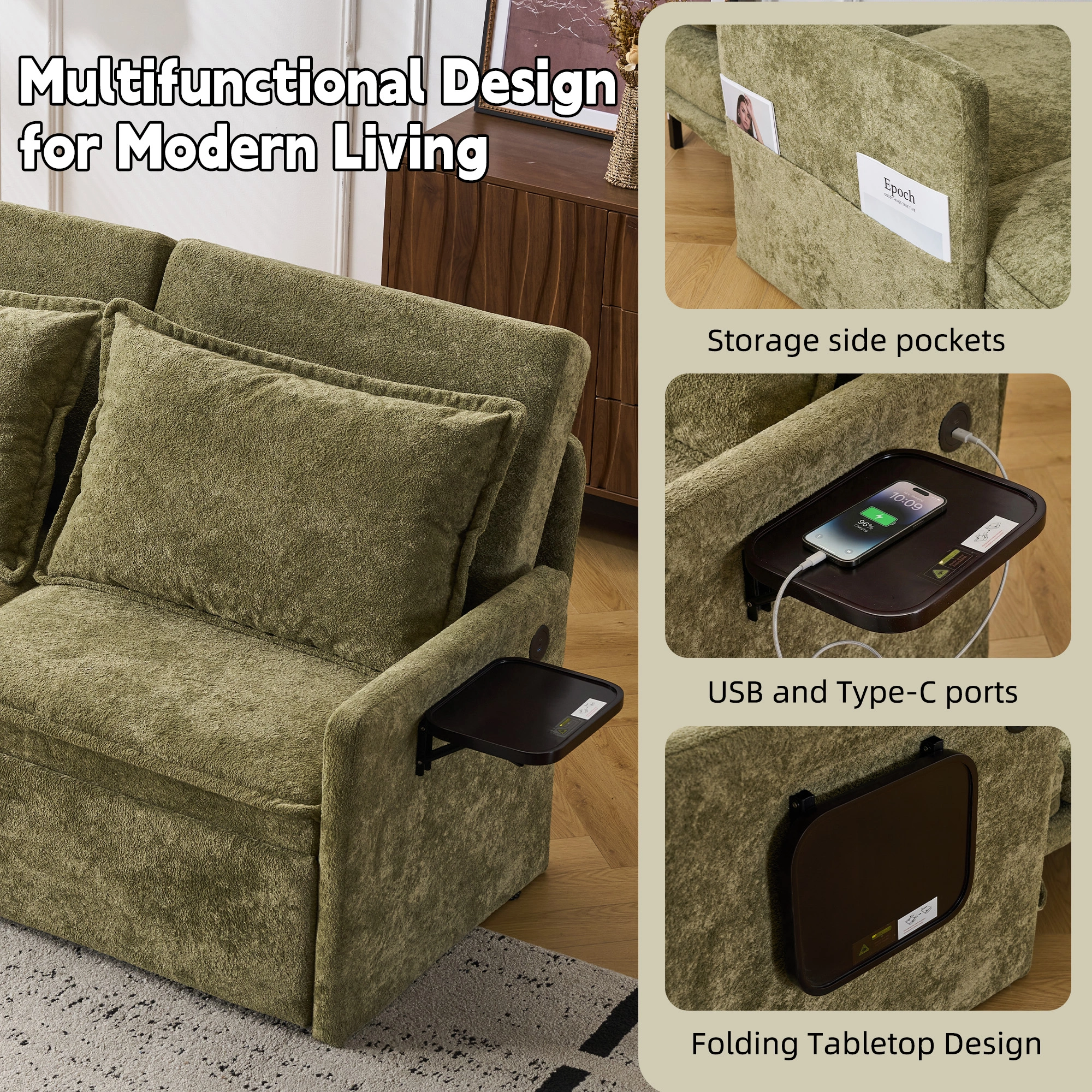 Sofa with Sleep Function Sleep Sofa with Cushions and USB, 3-in-1 Sofa&Couch with 5-Stage Adjustable Backrest, Foldable Sofa Bed with Storage, Chenille, Green view 5