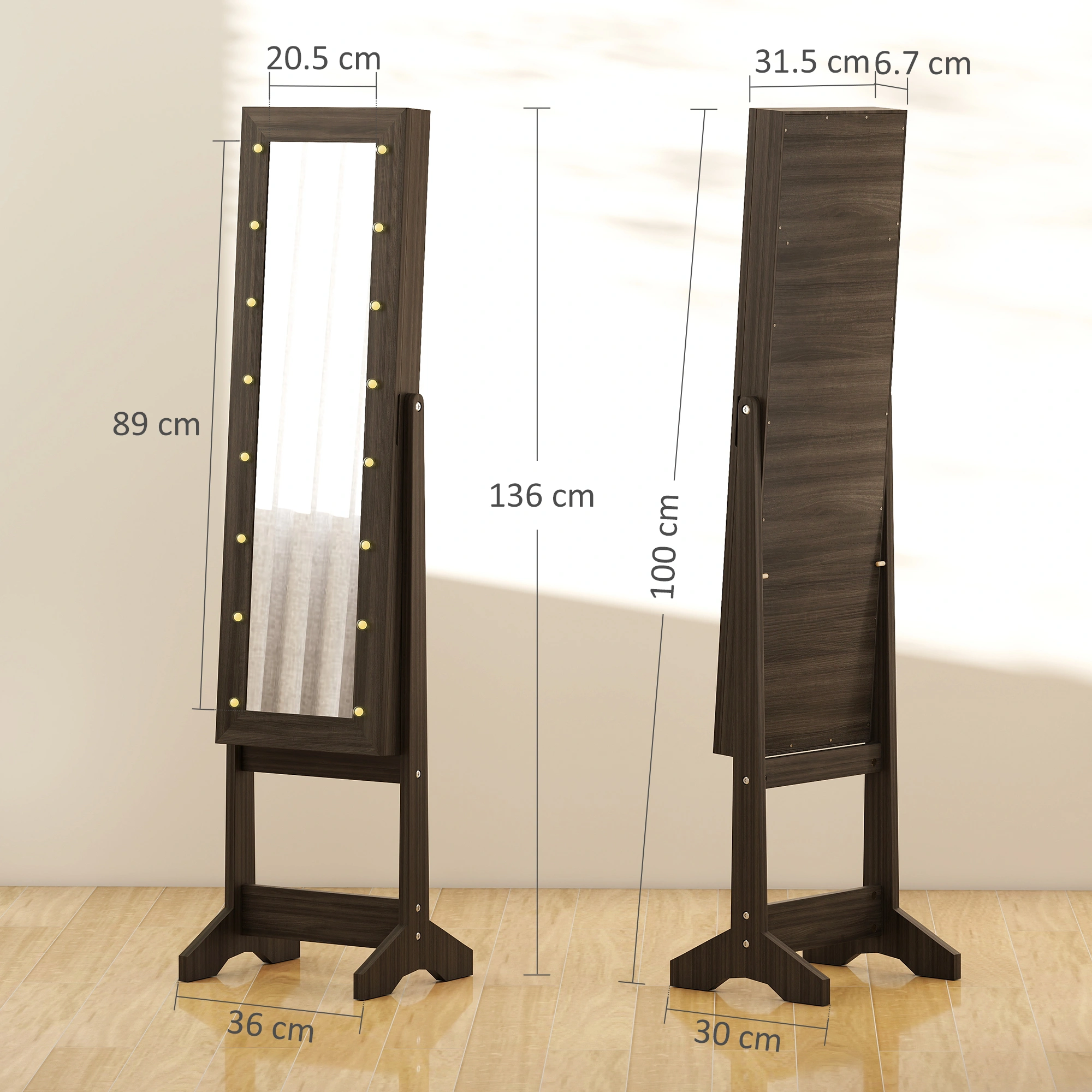 Freestanding Mirrored Jewellery Storage Cabinet - Large Armoire with Lock & Interior Lighting, Wooden Frame, Gold Tone Hardware view 3