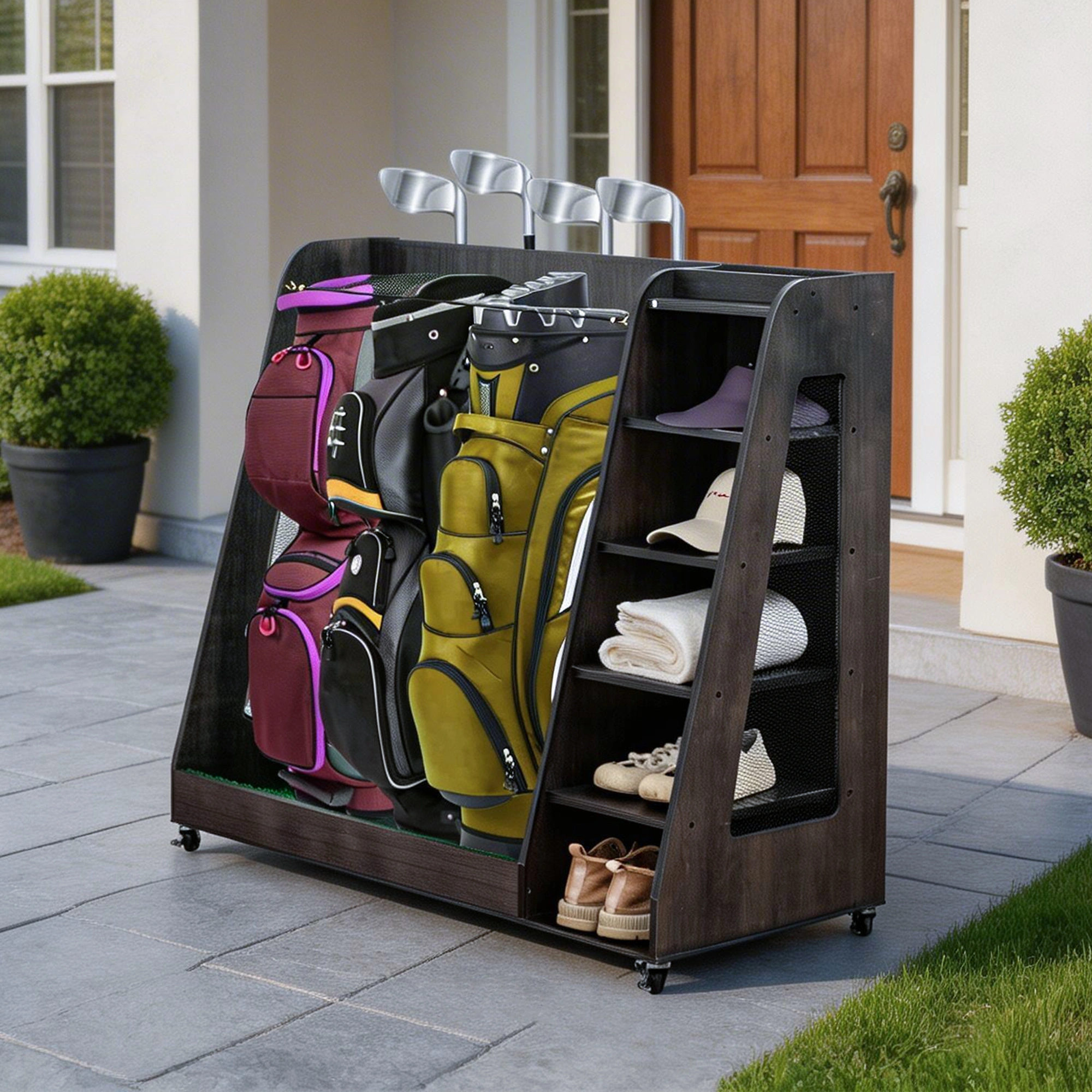 Gray Wooden Golf Organizer with 3 Drawers - Heavy-Duty 2-Bag Rack for Clubs Shoes & Accessories, Indoor/Outdoor Garage Use