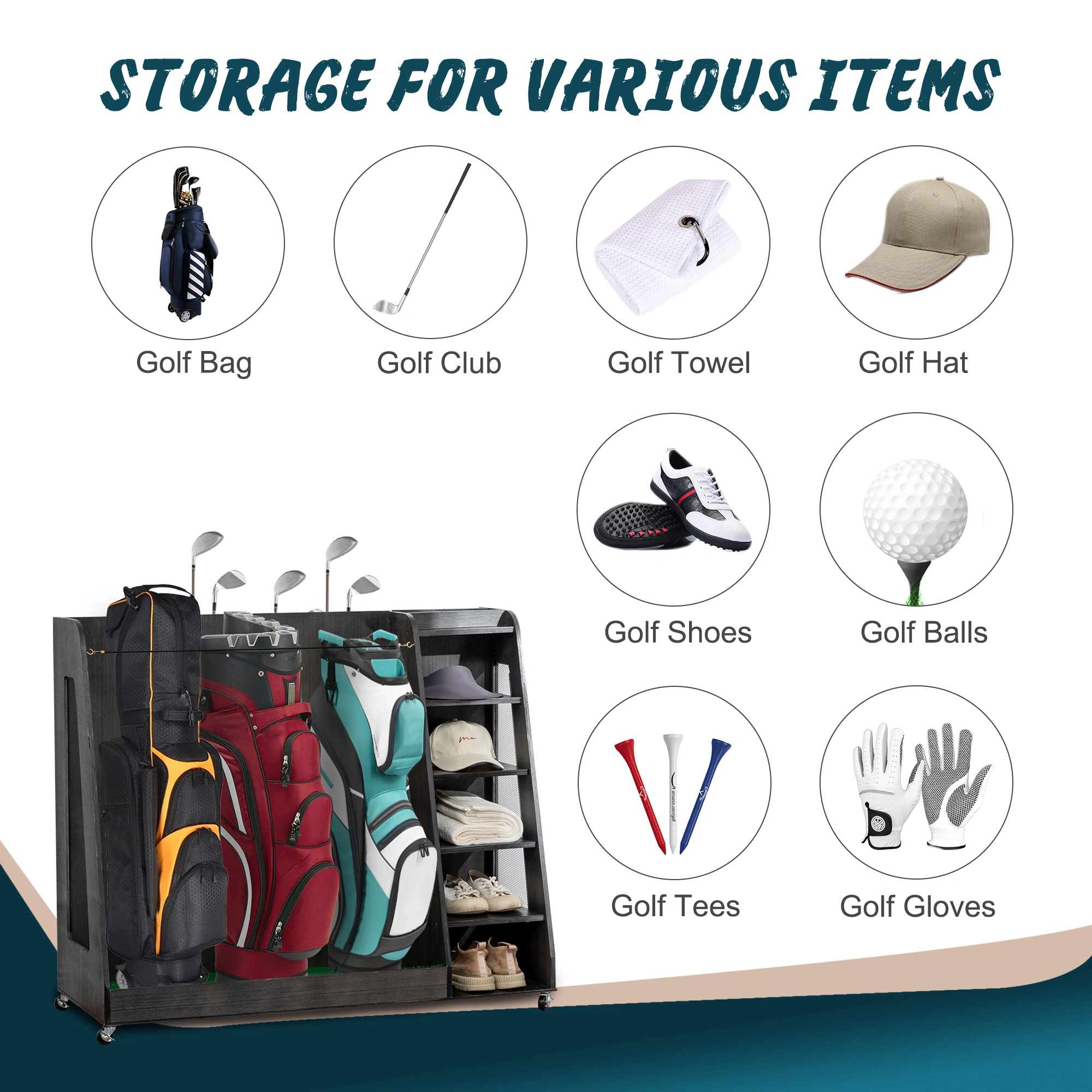 Gray Wooden Golf Organizer with 3 Drawers - Heavy-Duty 2-Bag Rack for Clubs Shoes & Accessories, Indoor/Outdoor Garage Use view 4
