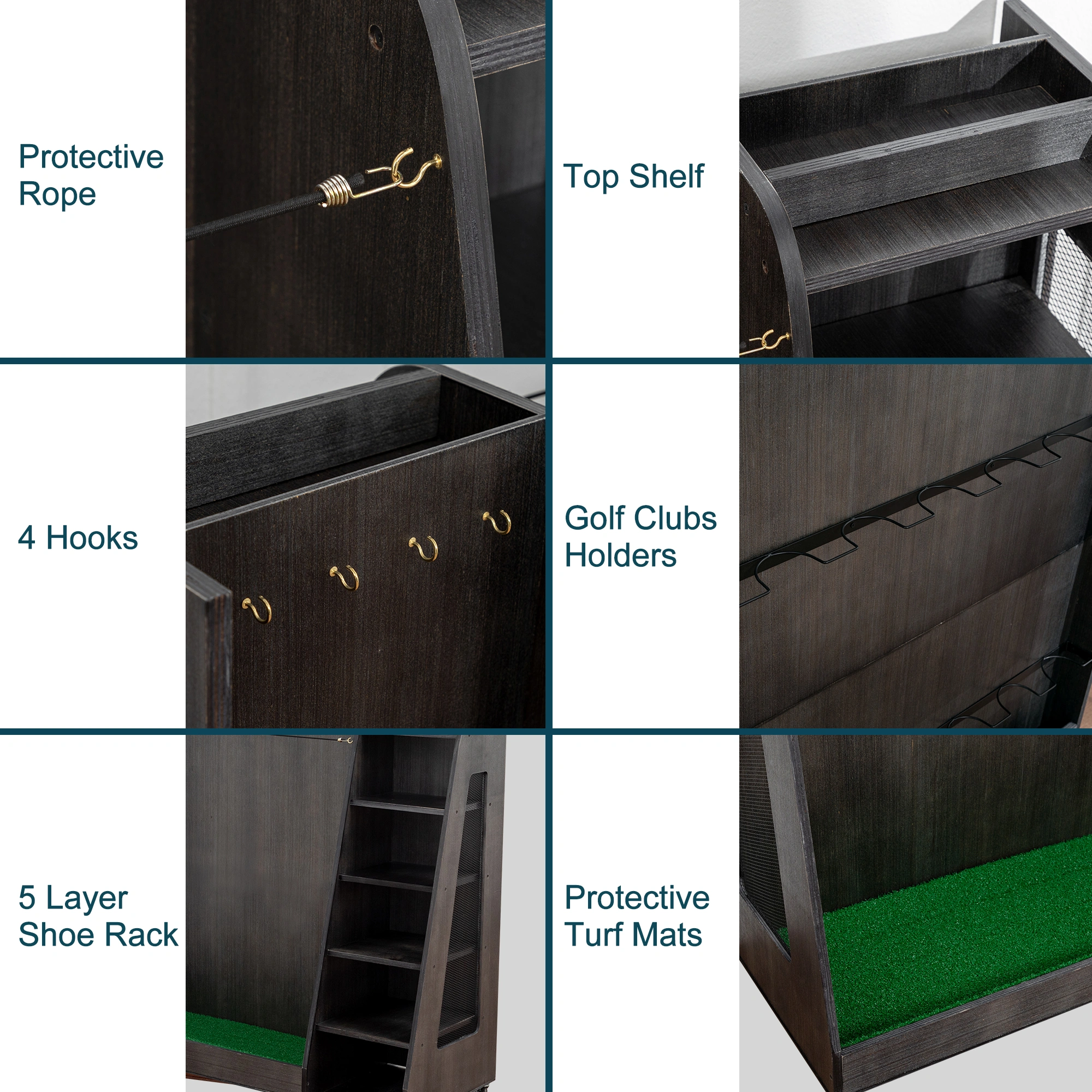 Gray Wooden Golf Organizer with 3 Drawers - Heavy-Duty 2-Bag Rack for Clubs Shoes & Accessories, Indoor/Outdoor Garage Use view 5